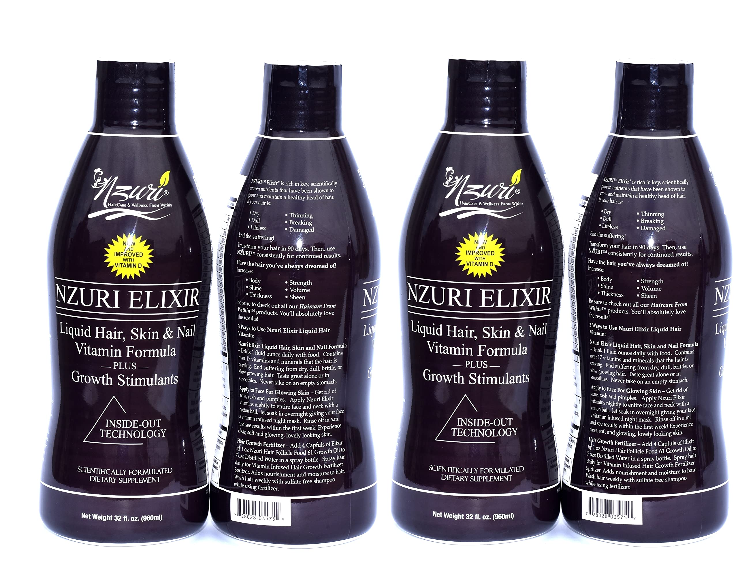 Nzuri Elixir Hair, Skin & Nails Vitamins with Biotin, Folate & Vitamin D - Daily Growth Supplement for Women & Men - Reduces Dryness, Thinning & Hair Loss - 32oz (4 Bottles) - Perfect for Daily Wellness & Beauty Routine