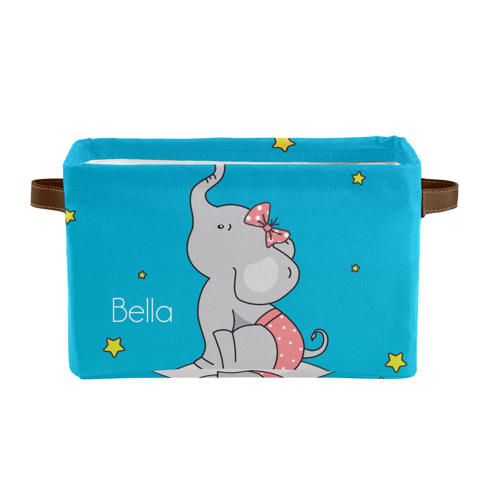 Personalized Elephant Star Canvas Storage Bins with Leather Handles - Custom Name Text (2 Pack) for Nursery, Closet, Office & Bathroom Organization | Stylish Storage Solution for Kids' Room, Shelves & Home Decor