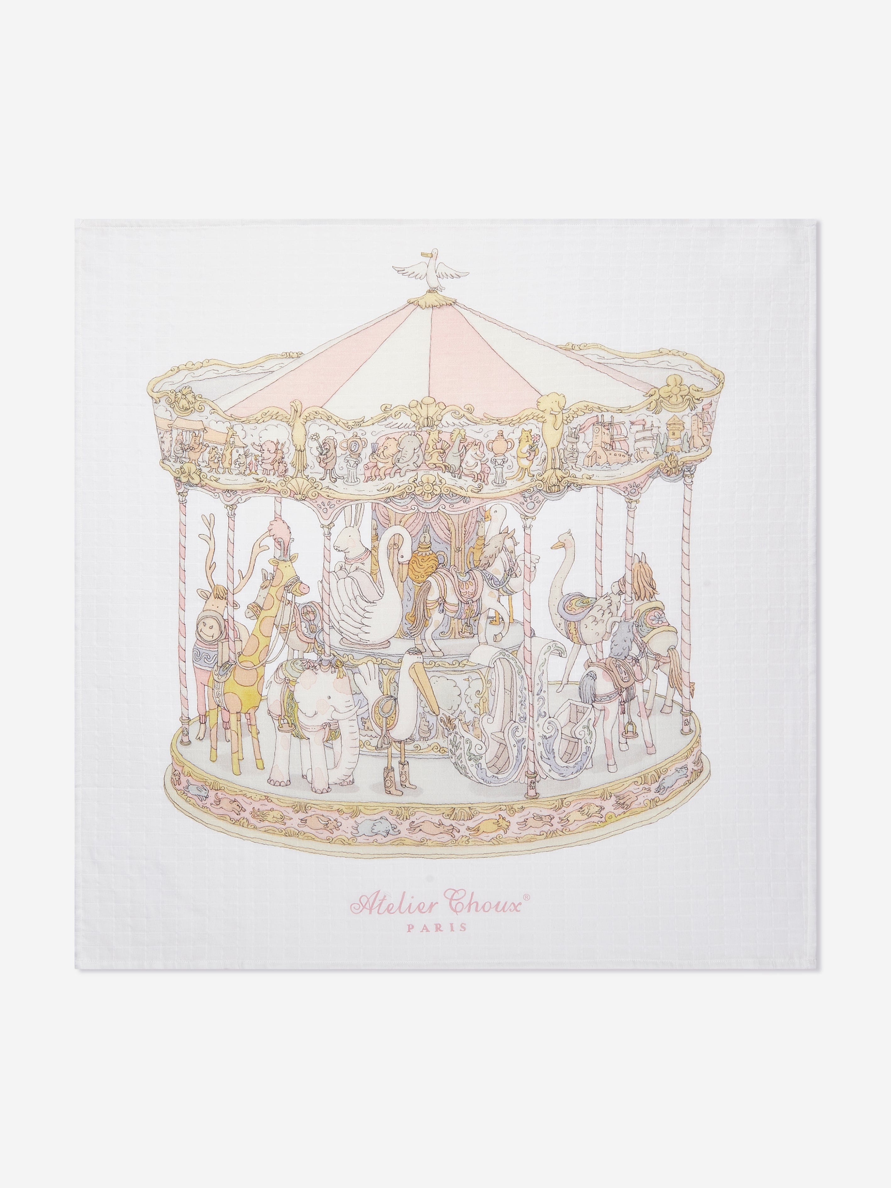 Atelier Choux Pink Carousel Swaddle Blanket for Baby Girls - 100cm Soft Organic Cotton Wrap | Perfect for Newborn Photography, Nursery Decor & Gift Giving