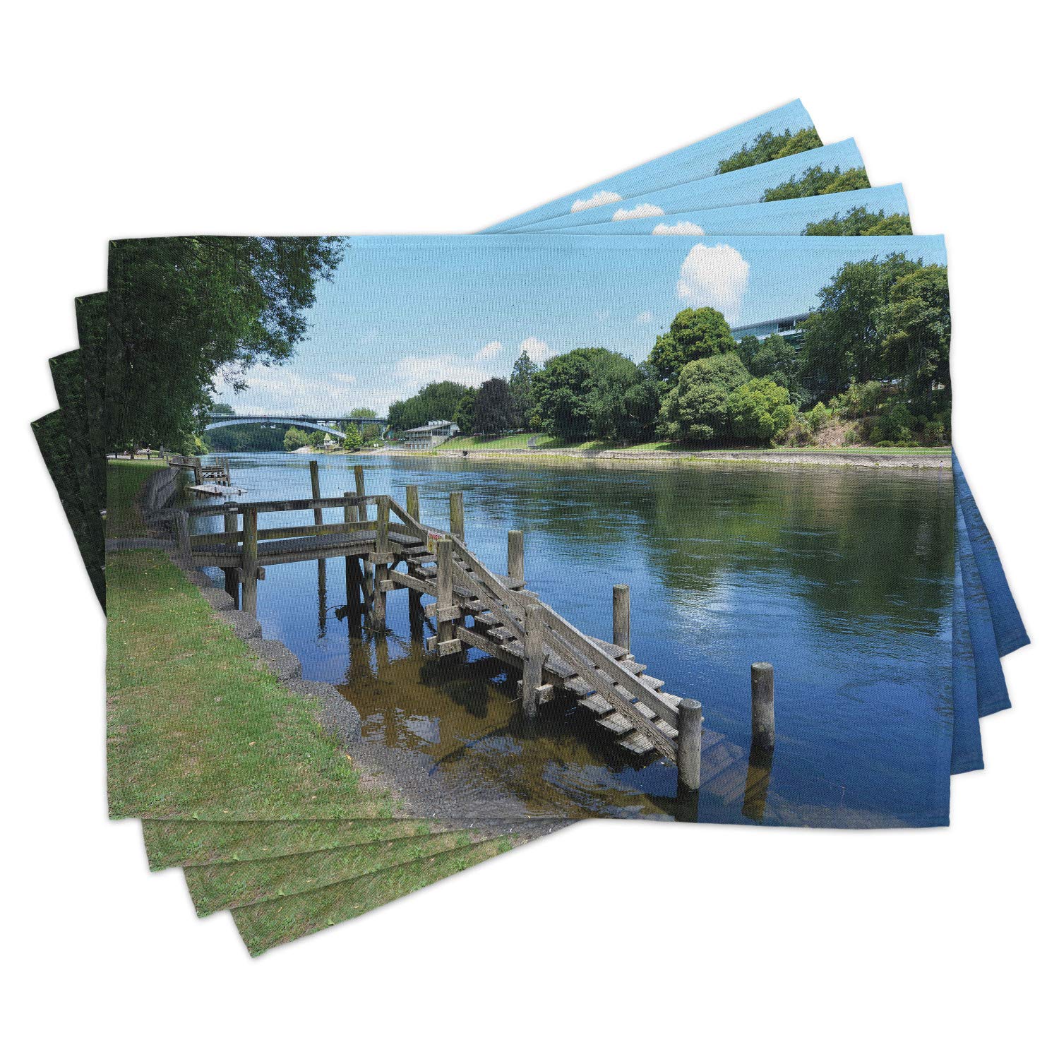 Ambesonne 4-Pack Outdoor Place Mats - Waikato River Hamilton City New Zealand Travel Landmark Design - Washable Fabric Table Mats for Dining Room & Kitchen Decor in Green Blue Grey - Perfect for Picnics, BBQs, and Outdoor Dining