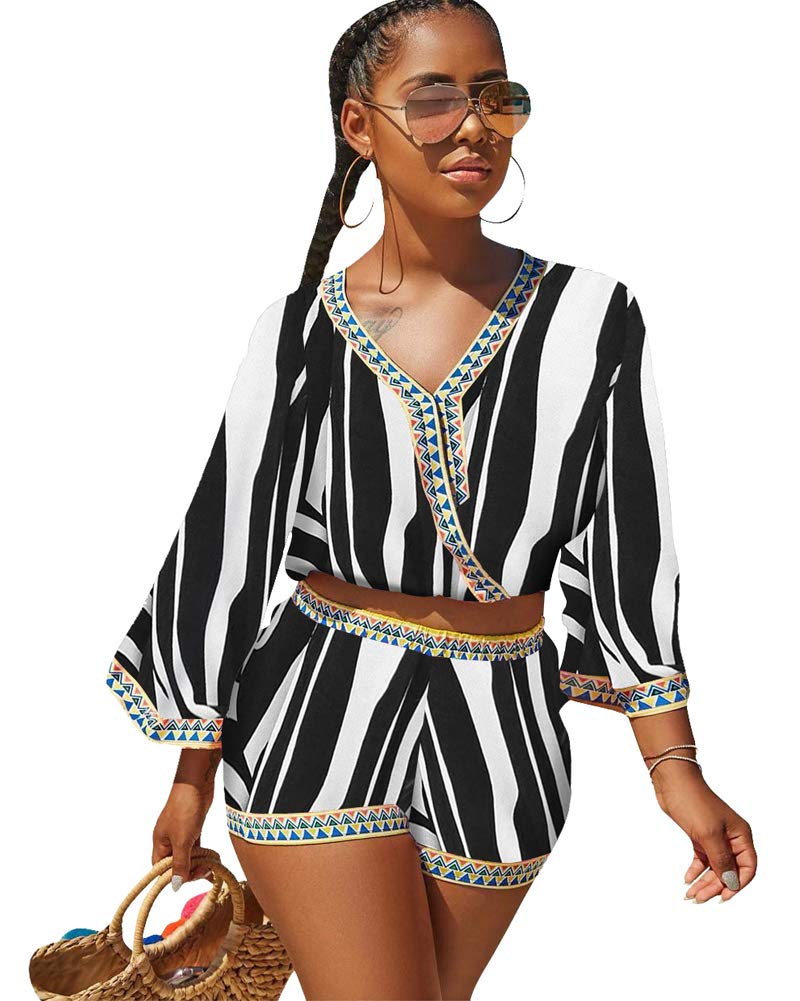 Women's 2 Piece Outfits Summer Boho Floral Print Crop Top & Shorts Set - Casual Beachwear, Vacation Outfit, Street Style Fashion