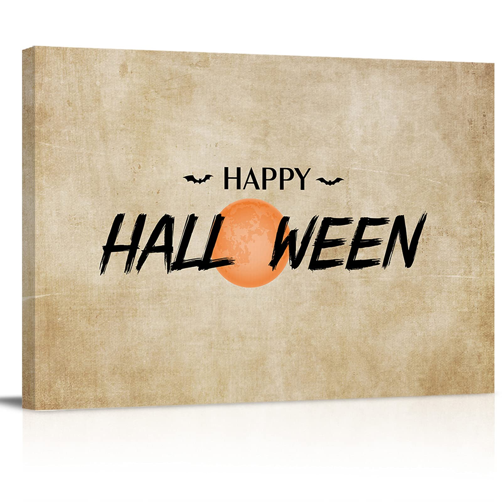 Halloween Full Moon Bat Retro Canvas Wall Art Print - Framed Wall Decor for Bathroom, Bedroom & Home - Spooky Gothic Painting for Halloween Party Decorations & Seasonal Home Styling