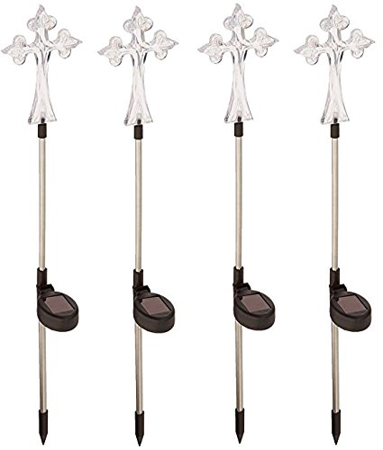 Four Seasons 830-1388 Solar LED Cross Grave Memorial Stake Lights - Set of 4 - Waterproof Outdoor Cemetery Decor for Gravesite, Garden, or Pathway Lighting at Night