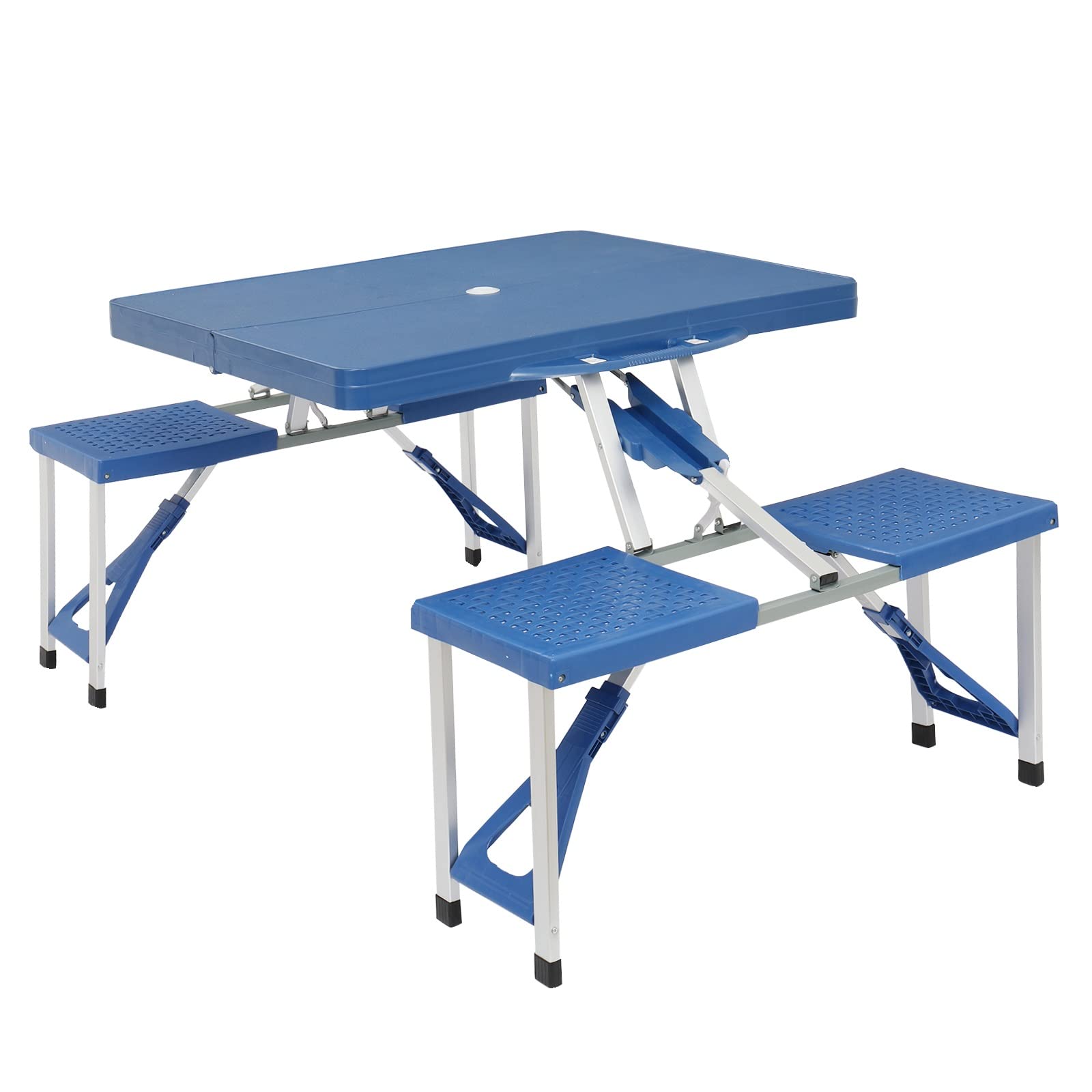 JEEKOS Portable Folding Picnic Table and Chairs Set - Aluminum Camping Table with Umbrella Hole & 4 Seats - Compact Suitcase Design for Outdoor, Patio, BBQ, Travel, Camping, Beach, Park, and Backyard Gatherings