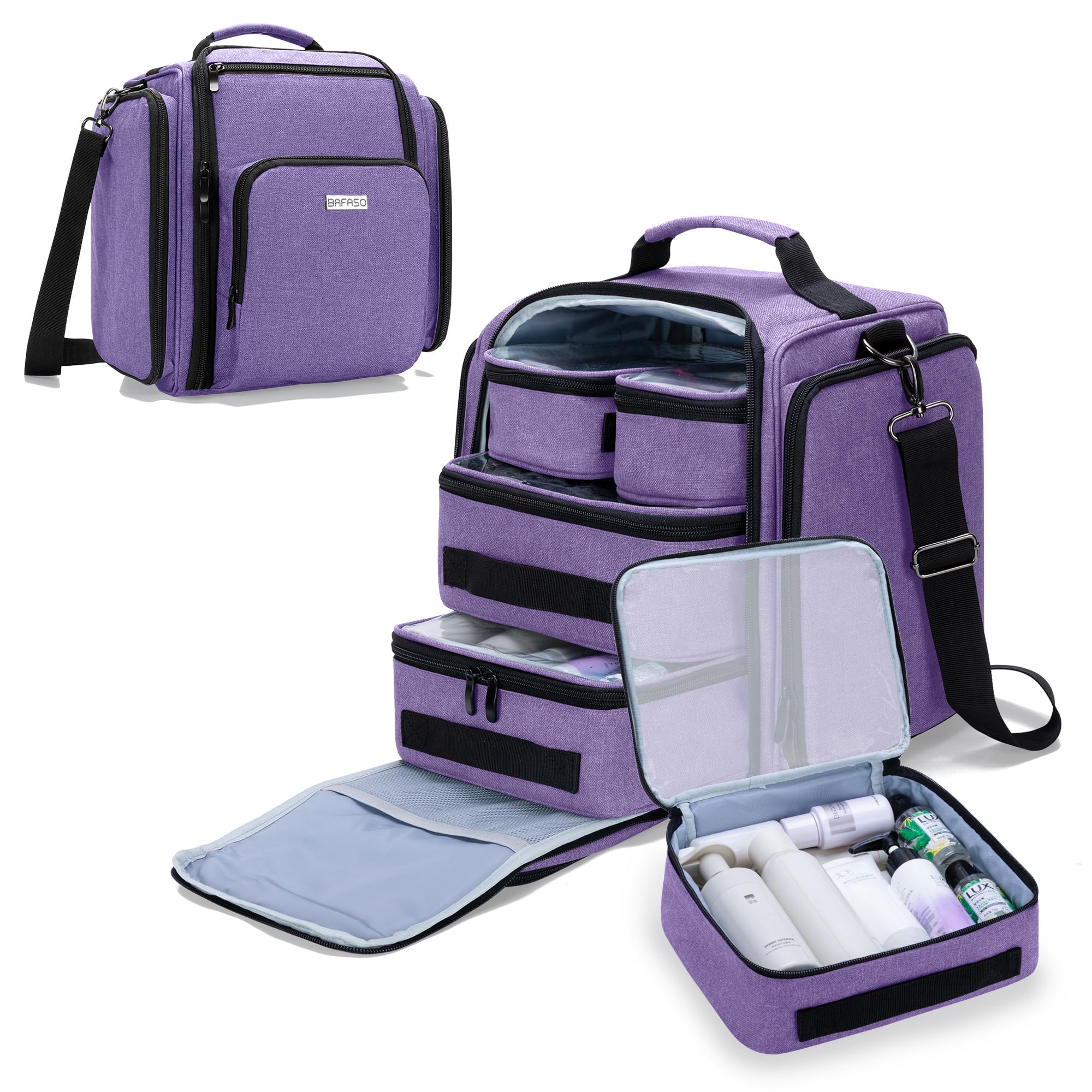 BAFASO Large Travel Toiletry Bag with 4 Removable Waterproof Pouches - Multifunctional Makeup Organizer for Cosmetics, Toiletries & Hair Accessories - Perfect for Vacation, Gym & Business Trips - Purple