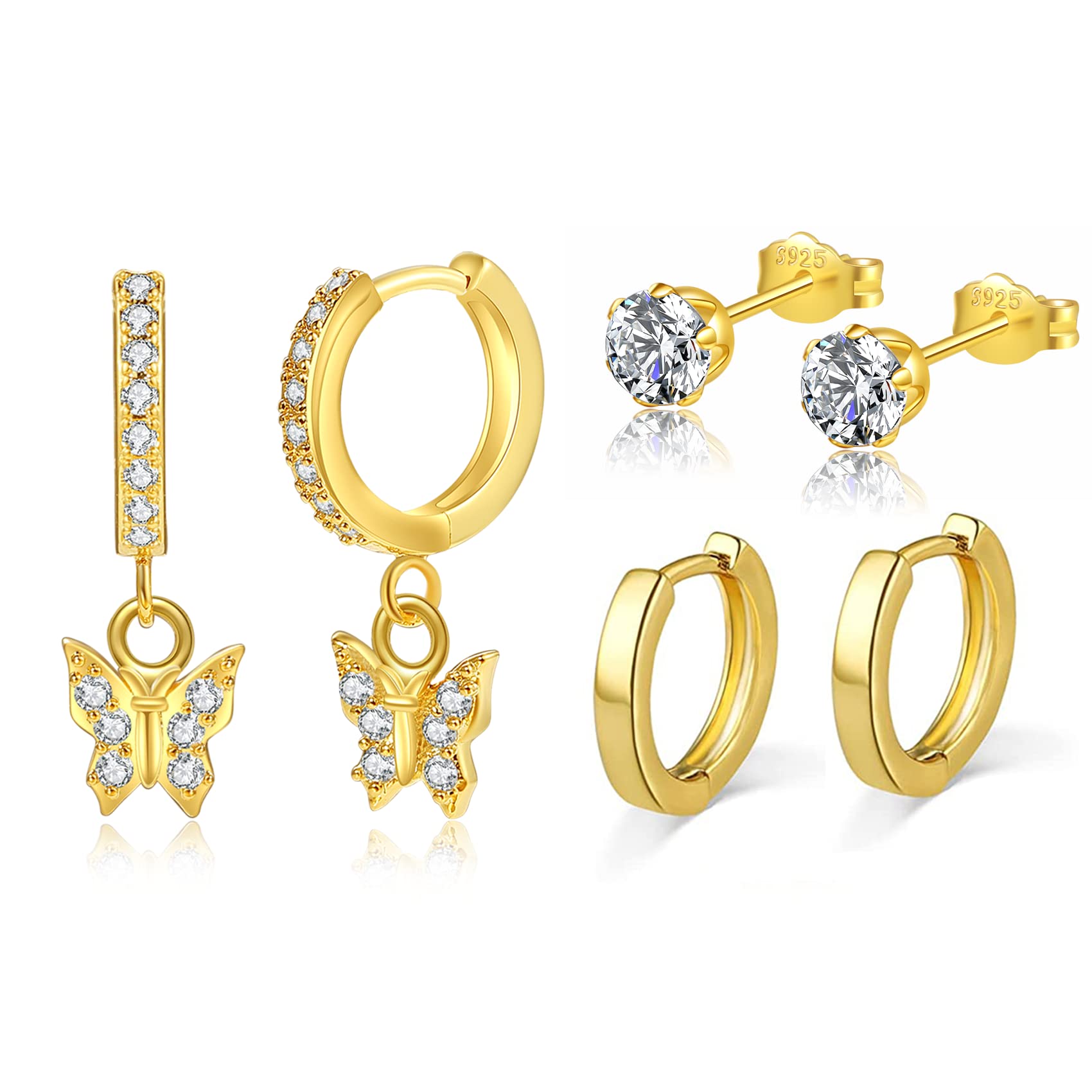 Senteria 14K Gold Plated Small Huggie Hoop Earrings for Women - Butterfly Dangle Earrings with Cubic Zirconia Studs - Perfect for Multiple Piercings, Everyday Wear & Special Occasions