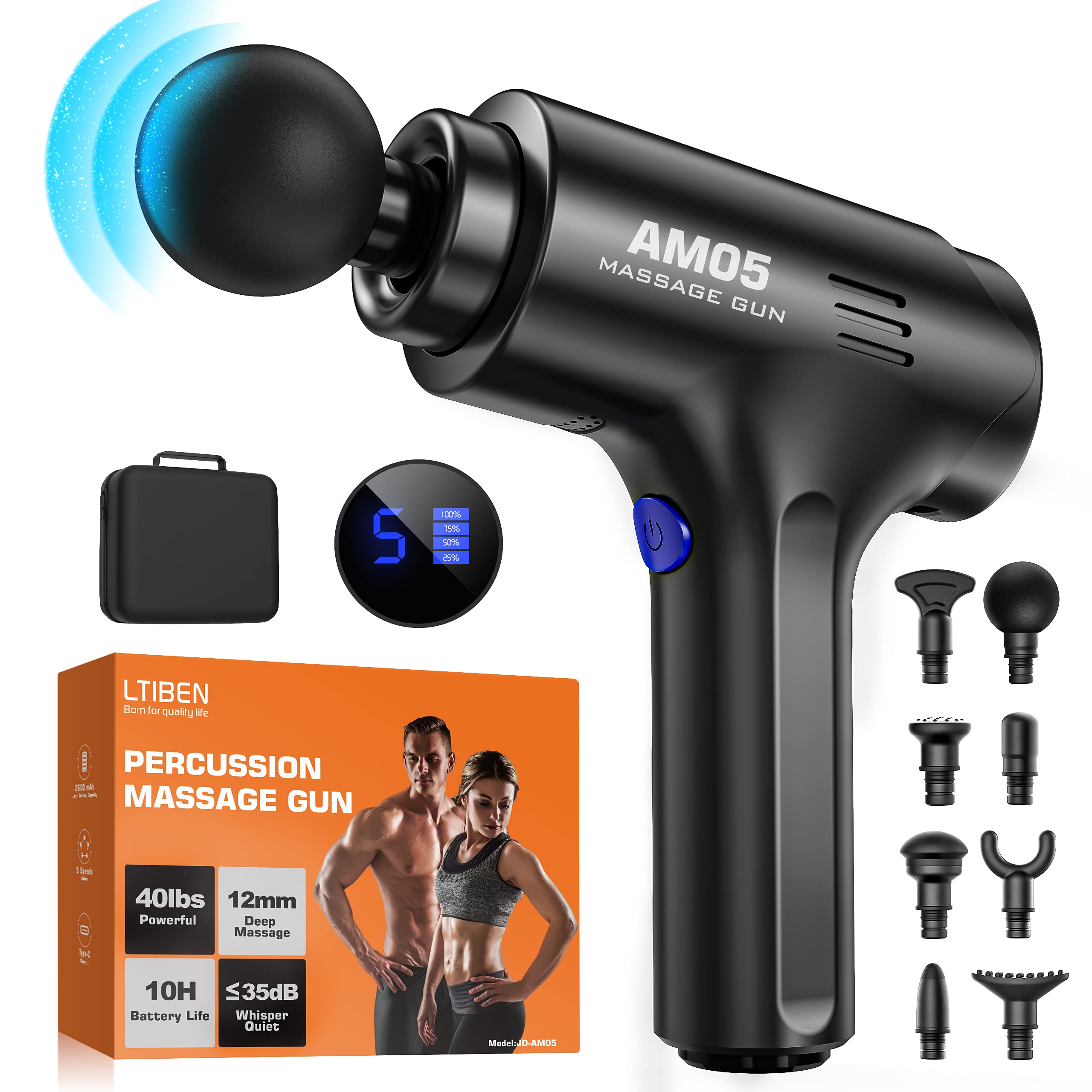 LTIBEN Percussion Massage Gun for Athletes - Deep Tissue Muscle Massager with 8 Attachments & 5 Speed Levels - Portable Handheld Pain Relief Therapy Device for Muscle Recovery, Relaxation & Soreness - Perfect for Post-Workout, Fitness Enthusiasts & Home Use (Black)
