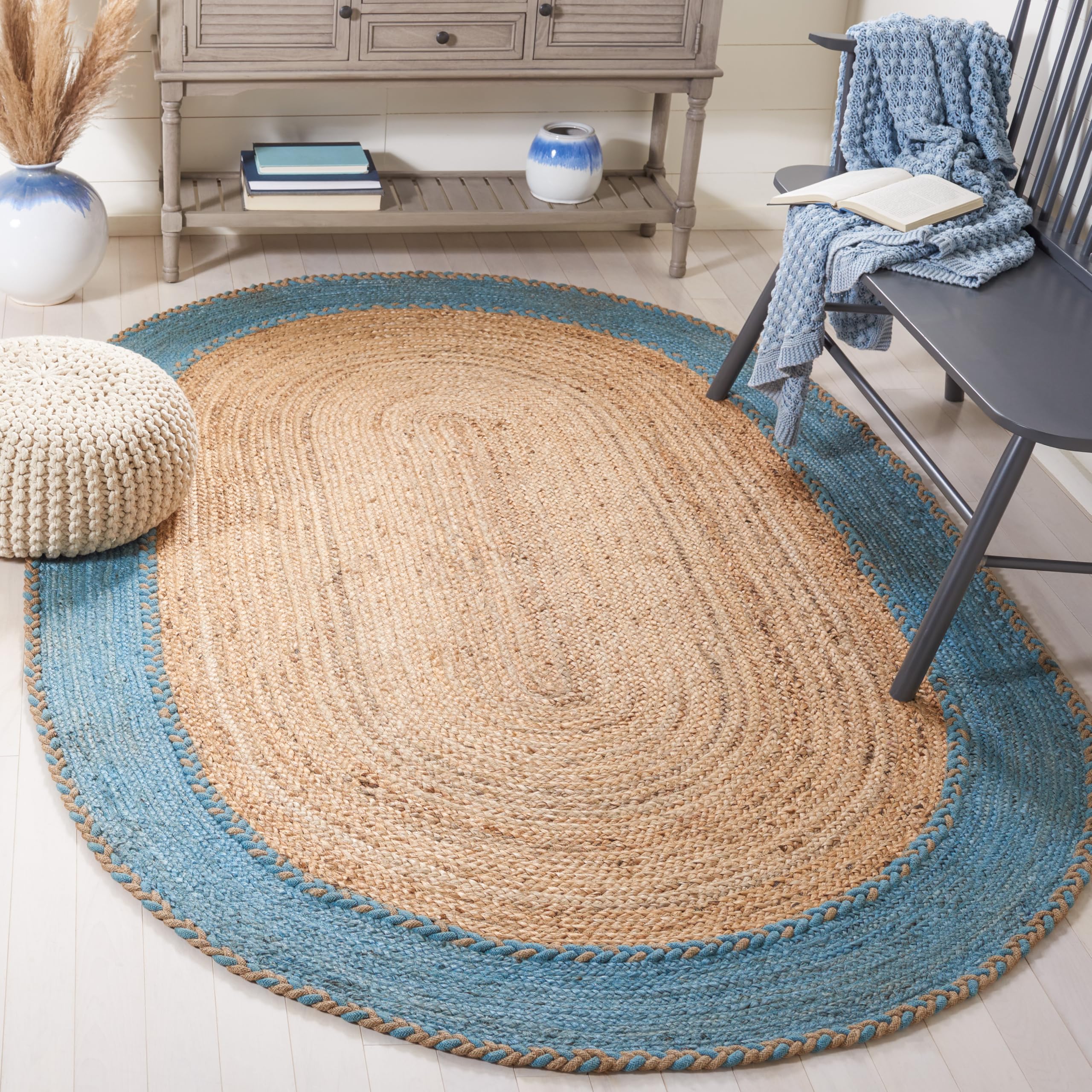 SAFAVIEH Handmade Jute Area Rug 5' x 8' Oval - Natural & Blue Natural Fiber Collection (NFB261M) | Durable Non-Slip Living Room & Bedroom Rug for High Traffic Areas | Perfect for Boho, Coastal & Farmhouse Decor Styles