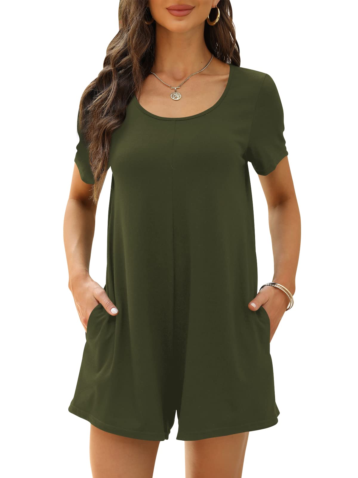 Nfsion Women's Summer Short Sleeve Jumpsuit Romper with Pockets - Casual Crewneck Shorts Outfit for Beach, Vacation & Everyday Wear
