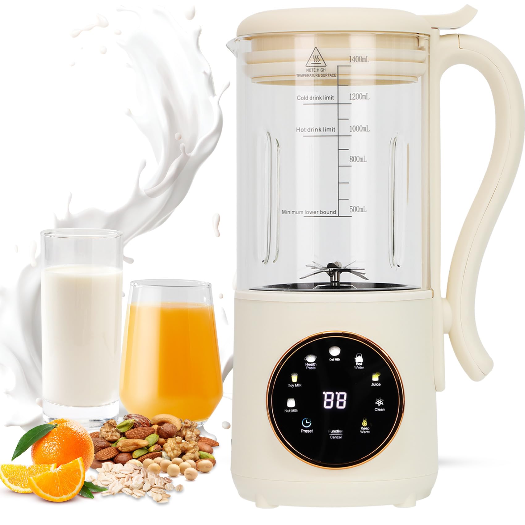 9-in-1 Automatic Soy Milk Maker & Nut Milk Machine - 47oz (1400ml) Capacity with Self-Cleaning Function, 16 Stainless Steel Blades for Almond Milk, Oat Milk, Plant-Based Milk & Fresh Juice | 24H Delay Timer, Boiling & Keep Warm Features | Perfect for Vegan Breakfast, Healthy Smoothies & Homemade Beverages