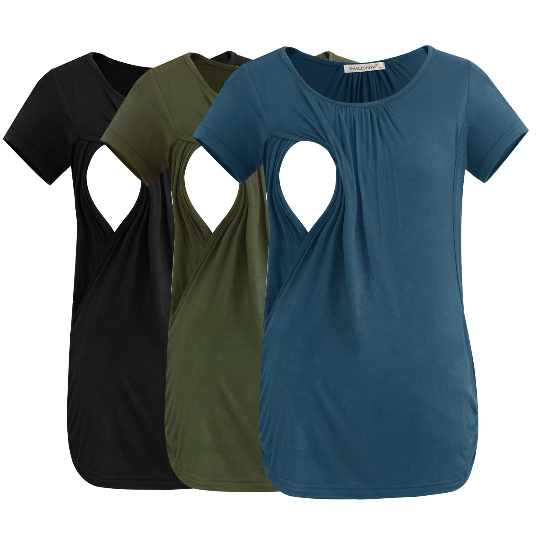 Smallshow Women's Nursing Tops - 3 Pack Ruched Short Sleeve Breastfeeding Shirts for Maternity & Nursing Comfort | Perfect for Daily Wear, Outings & Mother-Baby Bonding Time