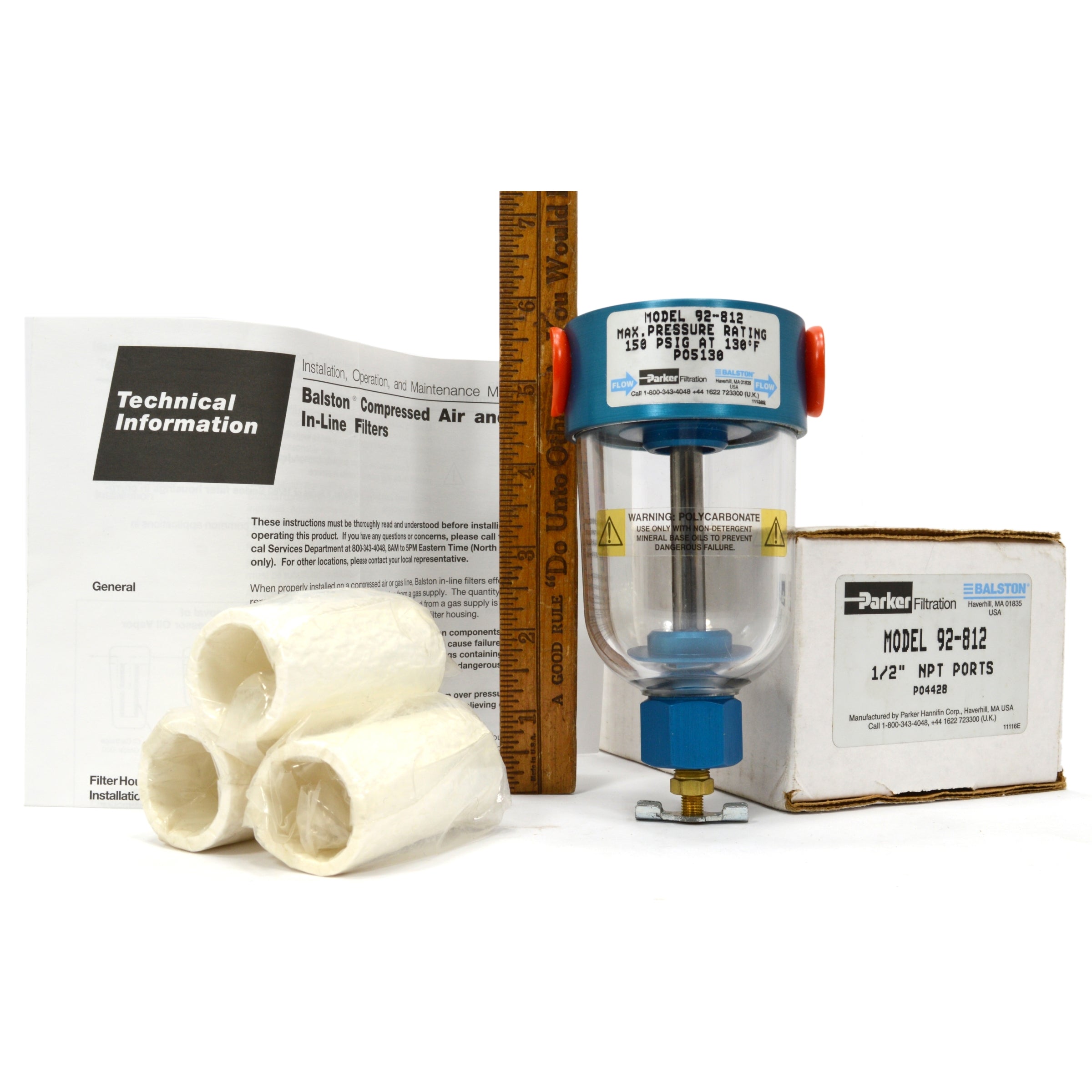 BALSTON Compressed Air & Gas In-Line Filters Model 92 812 with 1/2 NPT Ports - High Efficiency Filtration for Industrial Pneumatic Systems & Air Tools