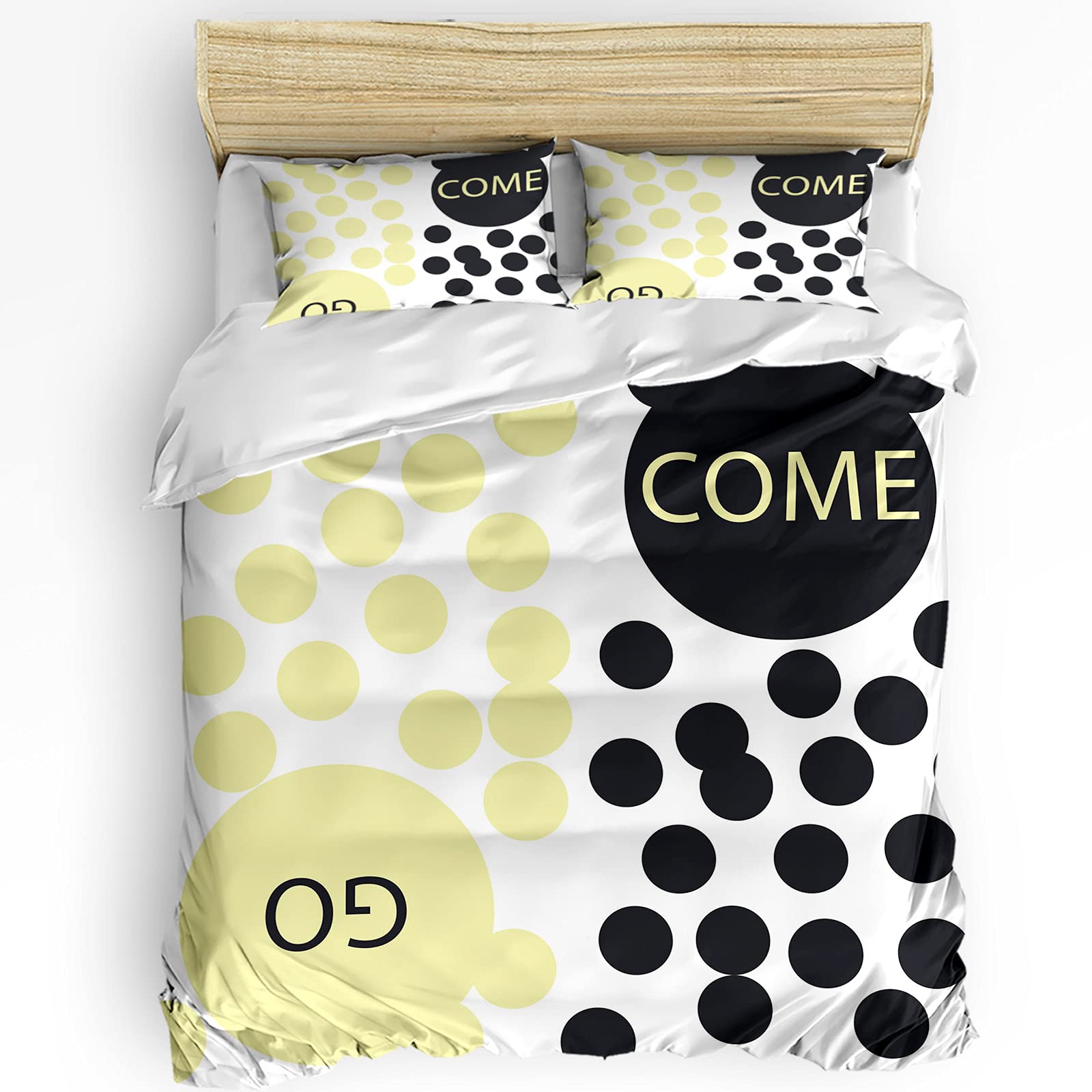 Funny Polka Dot Duvet Cover Set - Black & Yellow Dots on White - 3 Piece Queen Size Bedding Set with Zipper Closure (1 Comforter Cover + 2 Pillowcases) - Perfect for Kids' Rooms, Teen Bedrooms & Boho Chic Home Decor