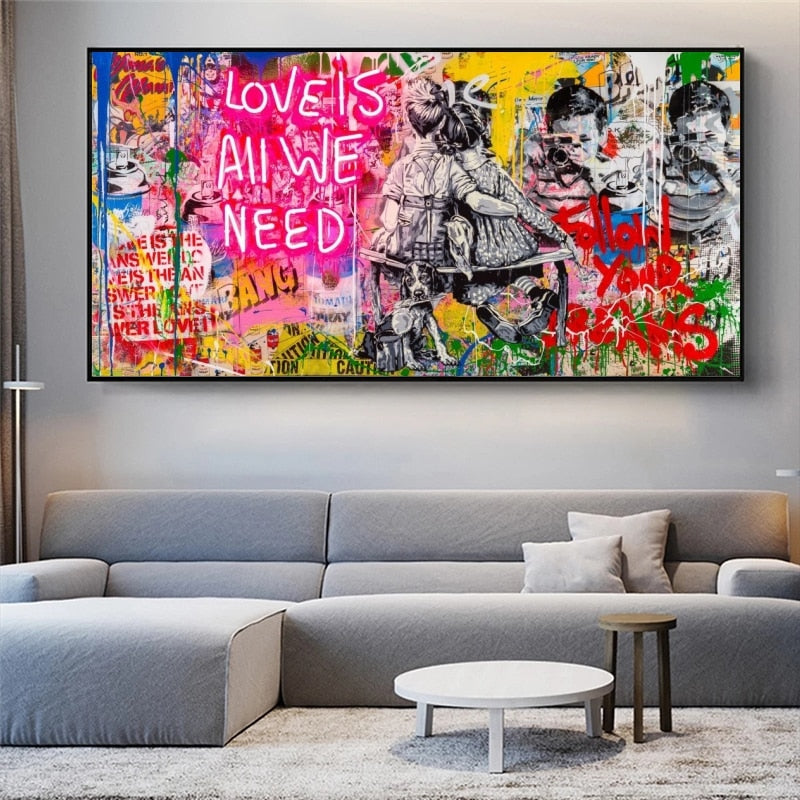 Banksy Love Is All We Need Canvas Wall Art Print - Street Art Home Decor for Living Room, Bedroom & Office