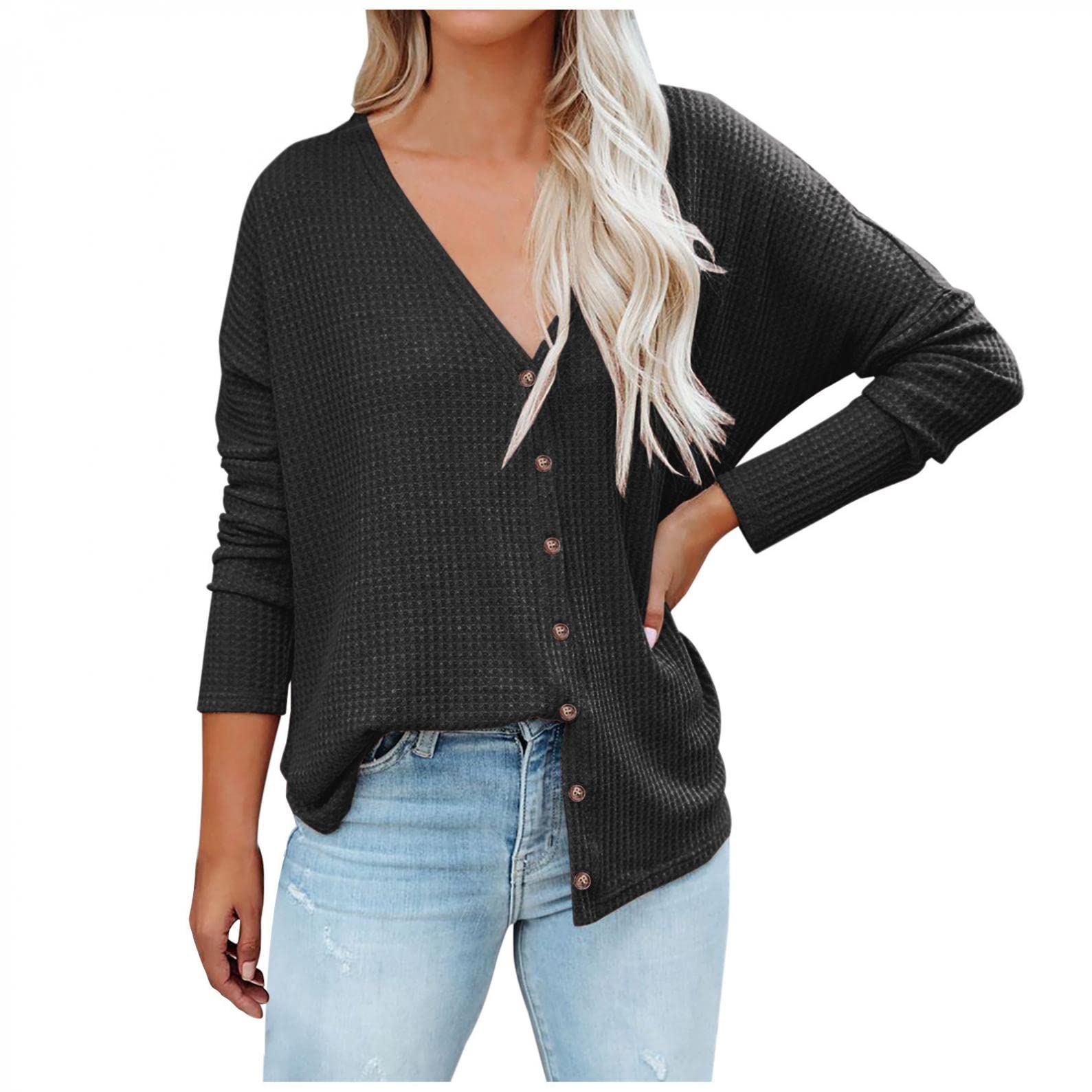 Women's Long Sleeve Henley V-Neck Button Down Blouse - Soft Waffle Knit Casual Top for Fall - Perfect for Work, Weekend Outings & Layering