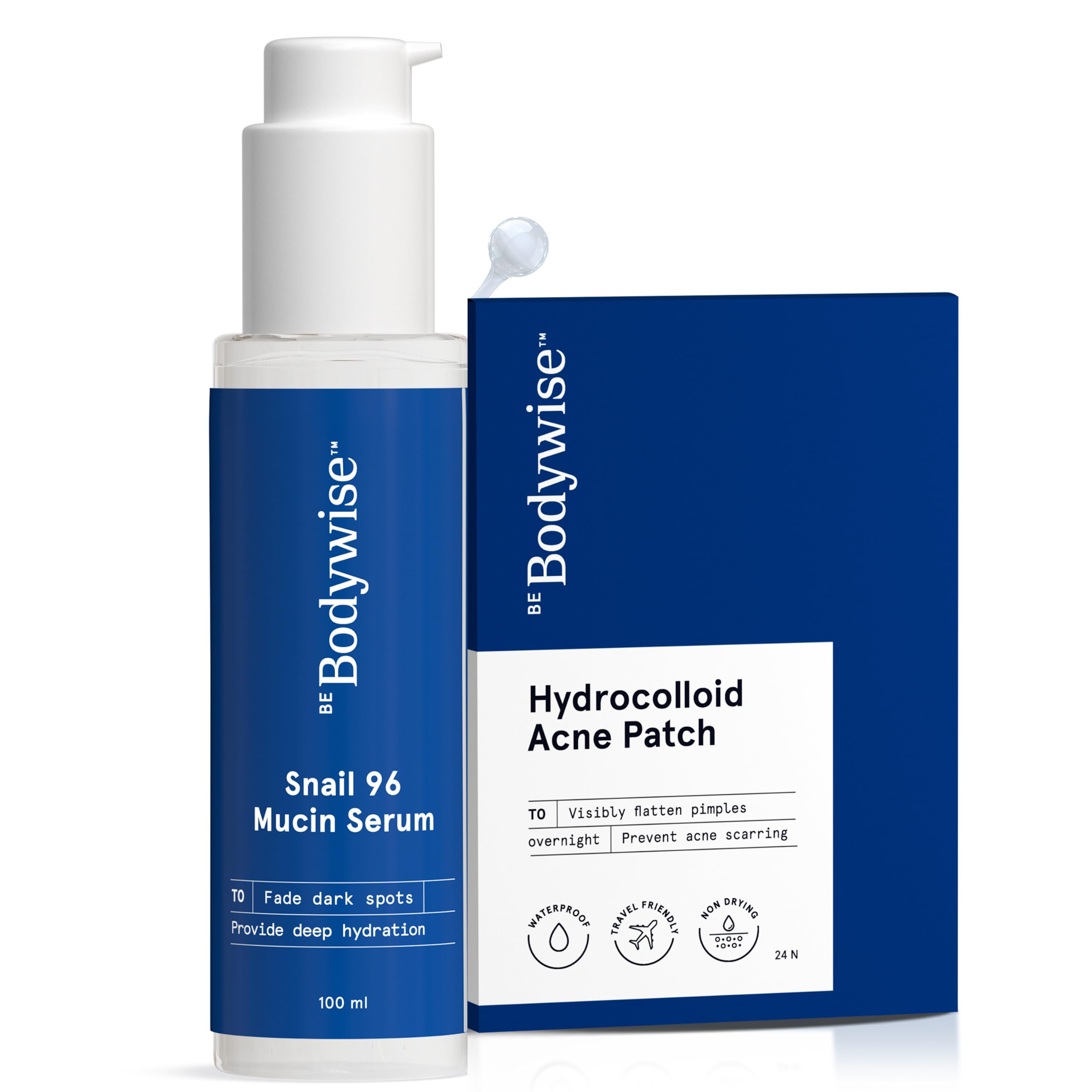 Be Bodywise Snail 96 Mucin Serum 100ml & Hydrocolloid Acne Patch (24 Dots | 3 Sizes) - Absorbs & Flattens Acne Overnight, Soothes & Hydrates Skin with 96% Snail Mucin & 0.5% Niacinamide - Perfect for Overnight Acne Treatment & Daily Skincare Routine