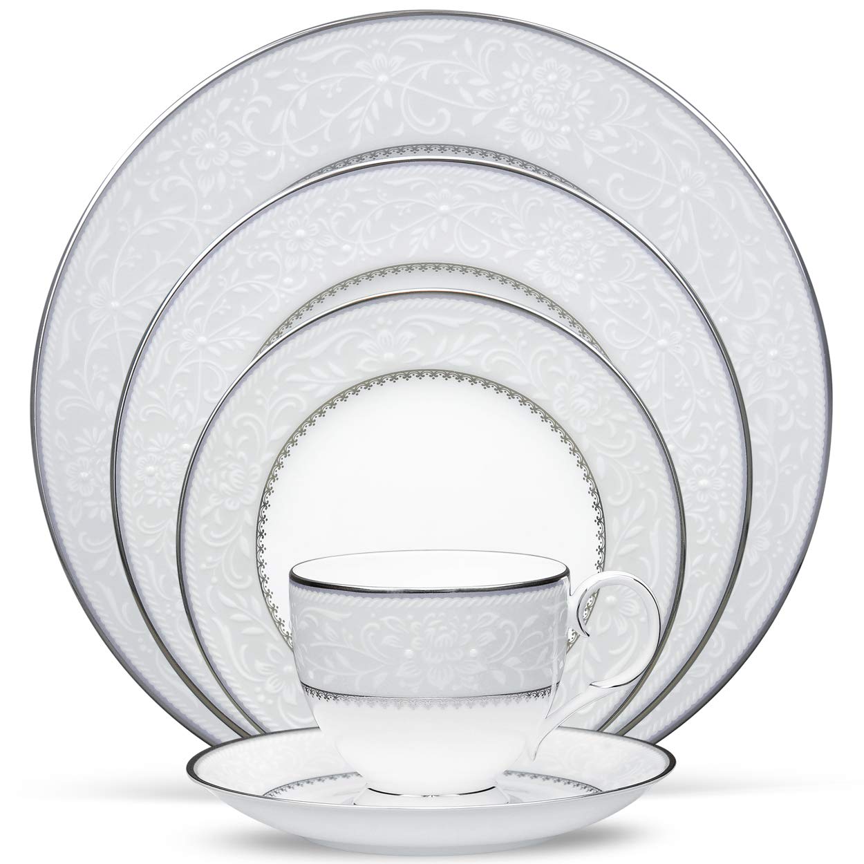 Noritake Brocato 5-Piece White Dinnerware Set - Elegant Porcelain Plates, Bowls & Cups for Formal Dining & Special Occasions