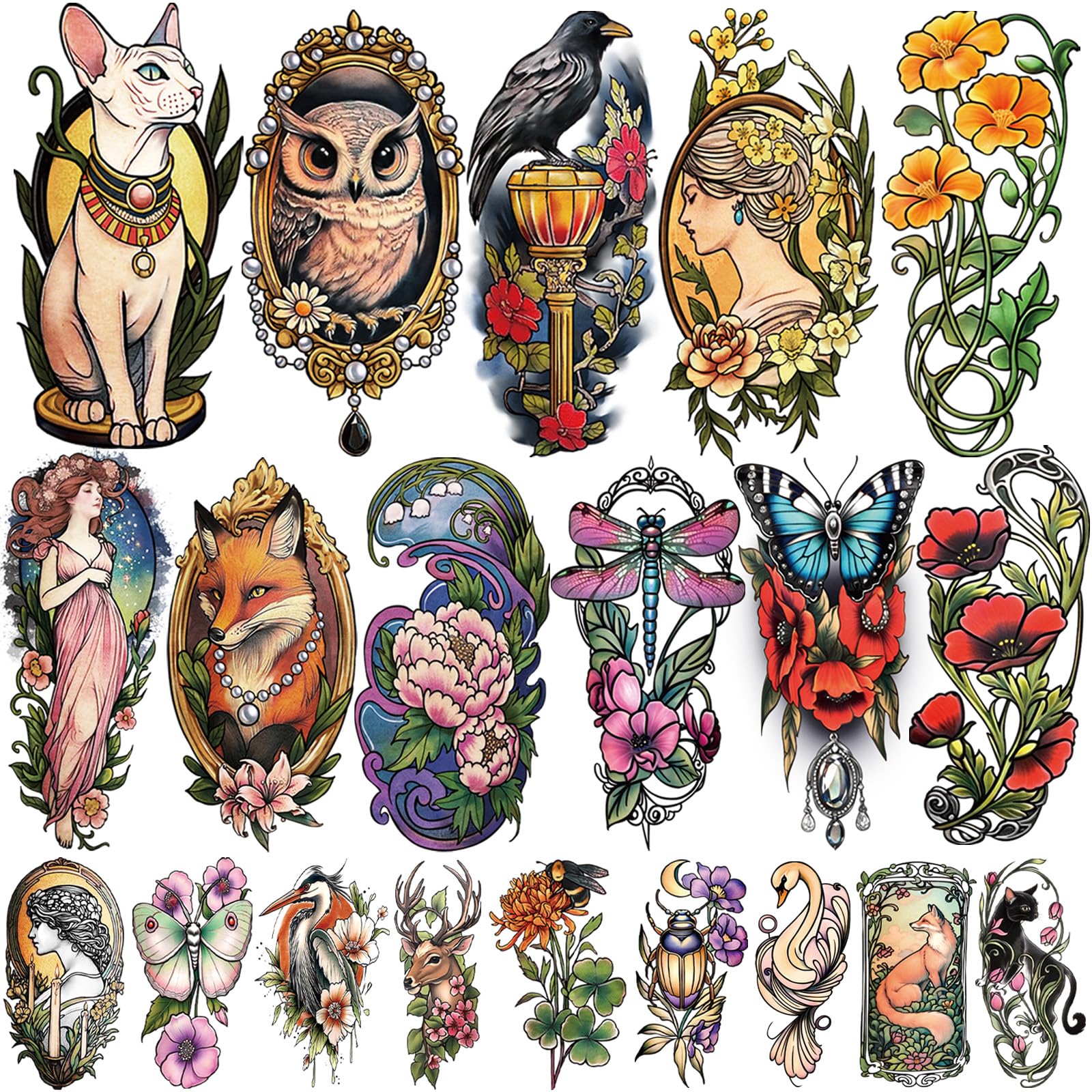 77 Sheets Temporary Tattoo Stickers - 17 Half Arm Fake Tattoos (Cat, Fox, Owl, Flower, Butterfly) + 60 Tiny Art Nouveau Designs for Adults, Women, Girls & Kids - Waterproof Realistic Body Art for Parties, Halloween & Cosplay