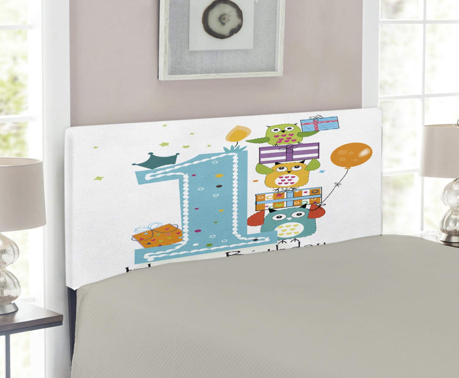 Ambesonne Twin Size Upholstered Headboard - First Birthday Cake with Candle Owls Family Party Theme Print - Decorative Metal Bed Headboard with Memory Foam in Sky Blue & Orange - Perfect for Kids' Bedrooms, Birthday Decorations & Nursery Room Themes