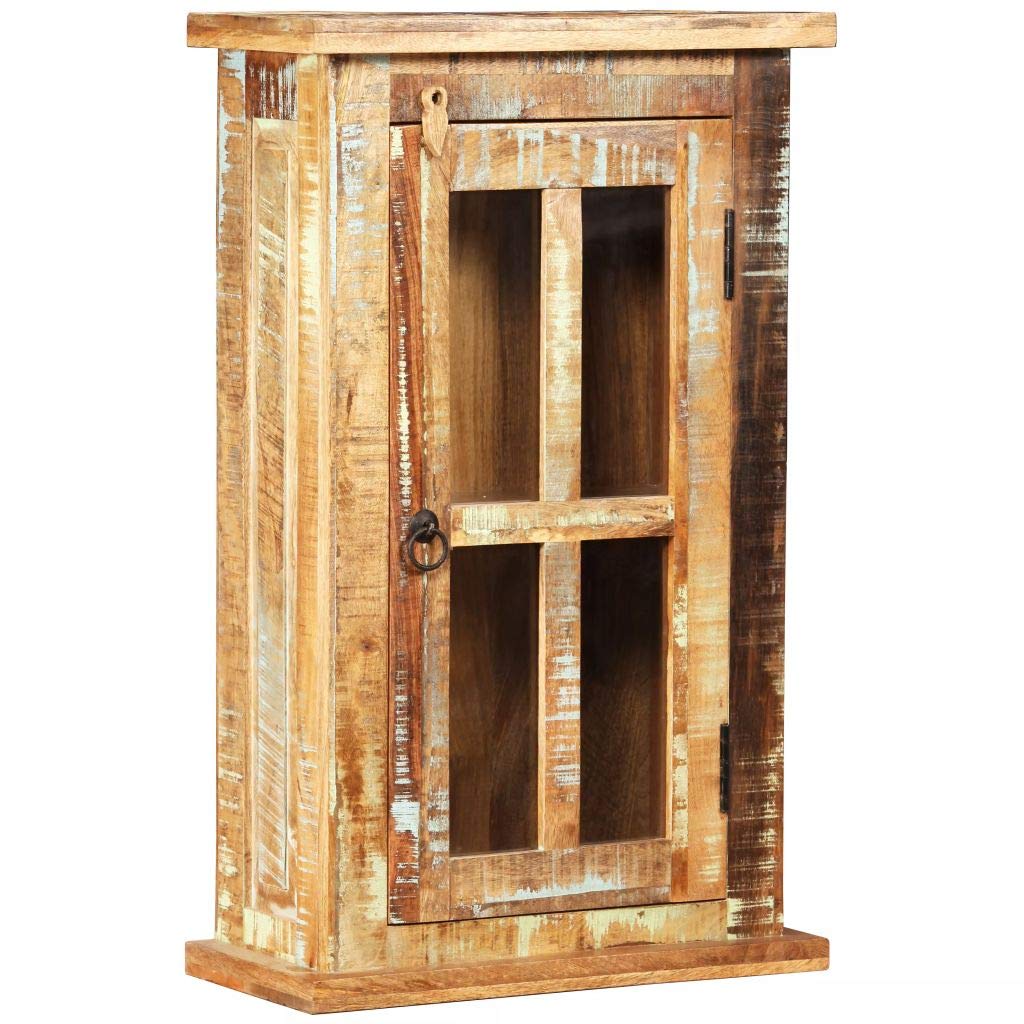 Vintage Wall Mount Bathroom Cabinet - Wood & Glass Hanging Storage Organizer with Large Cupboard (17.3