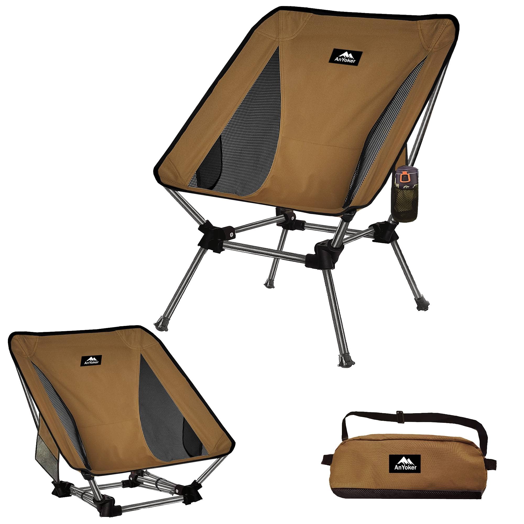AnYoker Compact Folding Camping Chair - Portable Lightweight Backpacking Chair for Outdoor Adventures, Beach, Hiking & Picnics with Convenient Side Pocket (Coffee) - Perfect for Camping Trips, Backyard Relaxation & Travel