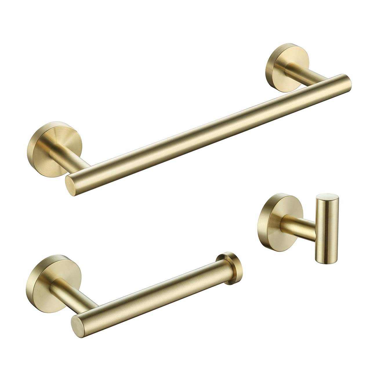 Premium 3-Piece Bathroom Accessory Set - Brushed Gold Stainless Steel Wall Mounted Towel Bar, Toilet Paper Holder & Robe Hooks - Modern 12
