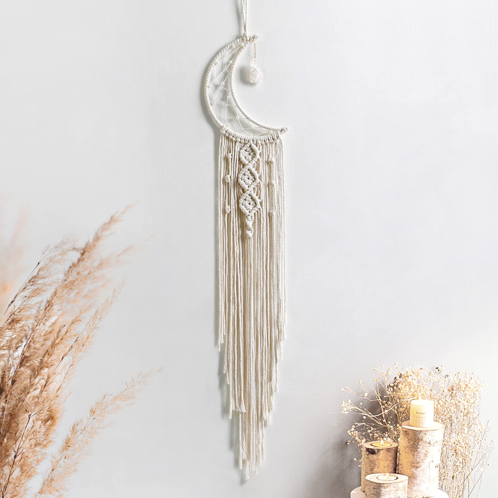 KHOYIME Boho Dream Catcher with Crystal Stones - Handmade Bohemian Wall Hanging for Bedroom Decor, Wedding Ornament & Home Craft Gift (Ivory) | Perfect for Nursery, Living Room & Spiritual Spaces