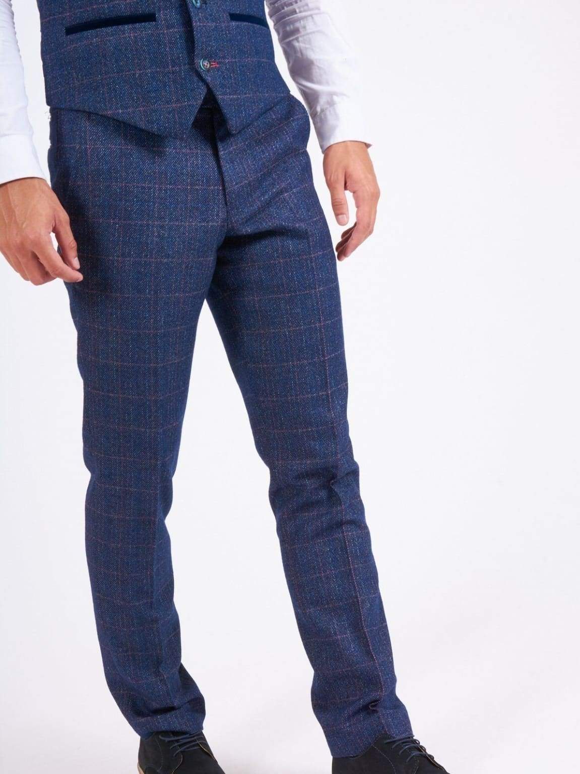 Marc Darcy Harry Men's Blue Slim Fit Tweed Check Suit Trousers | Formal Office Wear & Wedding Attire for Stylish Gentlemen