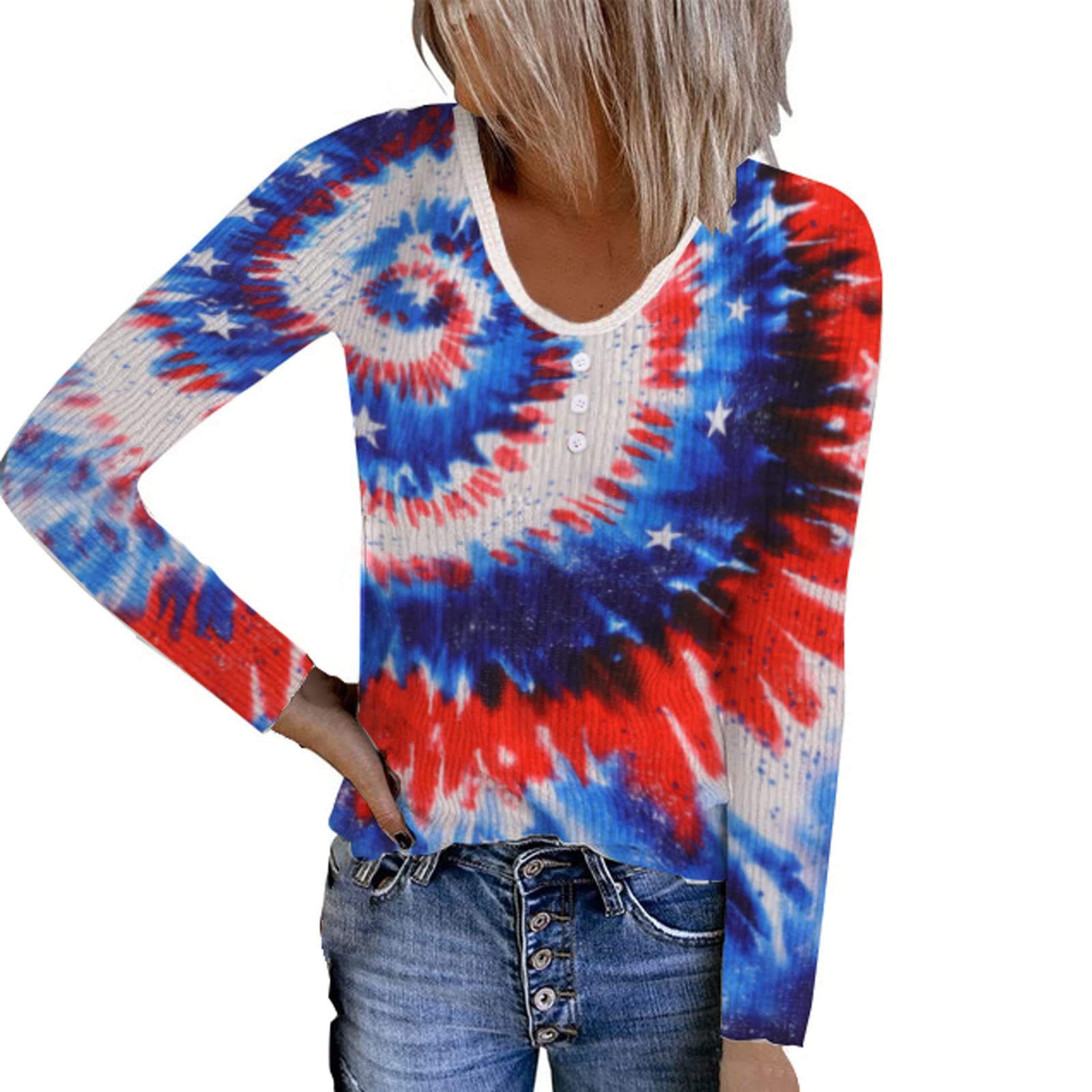 Women's Long Sleeve Ribbed Knit Button-Down T-Shirt - Crew Neck Printed Casual Top for Fall | Perfect for Work, Date Night & Autumn Layering