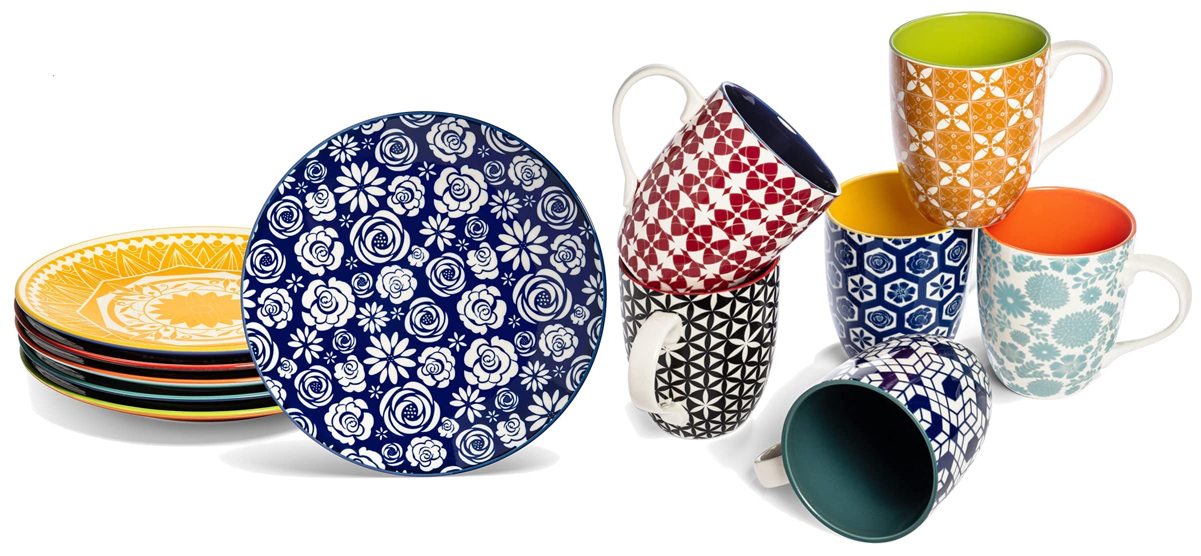 Annovero Coffee Mugs & Salad Plates Set - Colorful Porcelain Dinnerware for Kitchen - Microwave & Dishwasher Safe - Perfect for Breakfast, Coffee Time, and Casual Dining