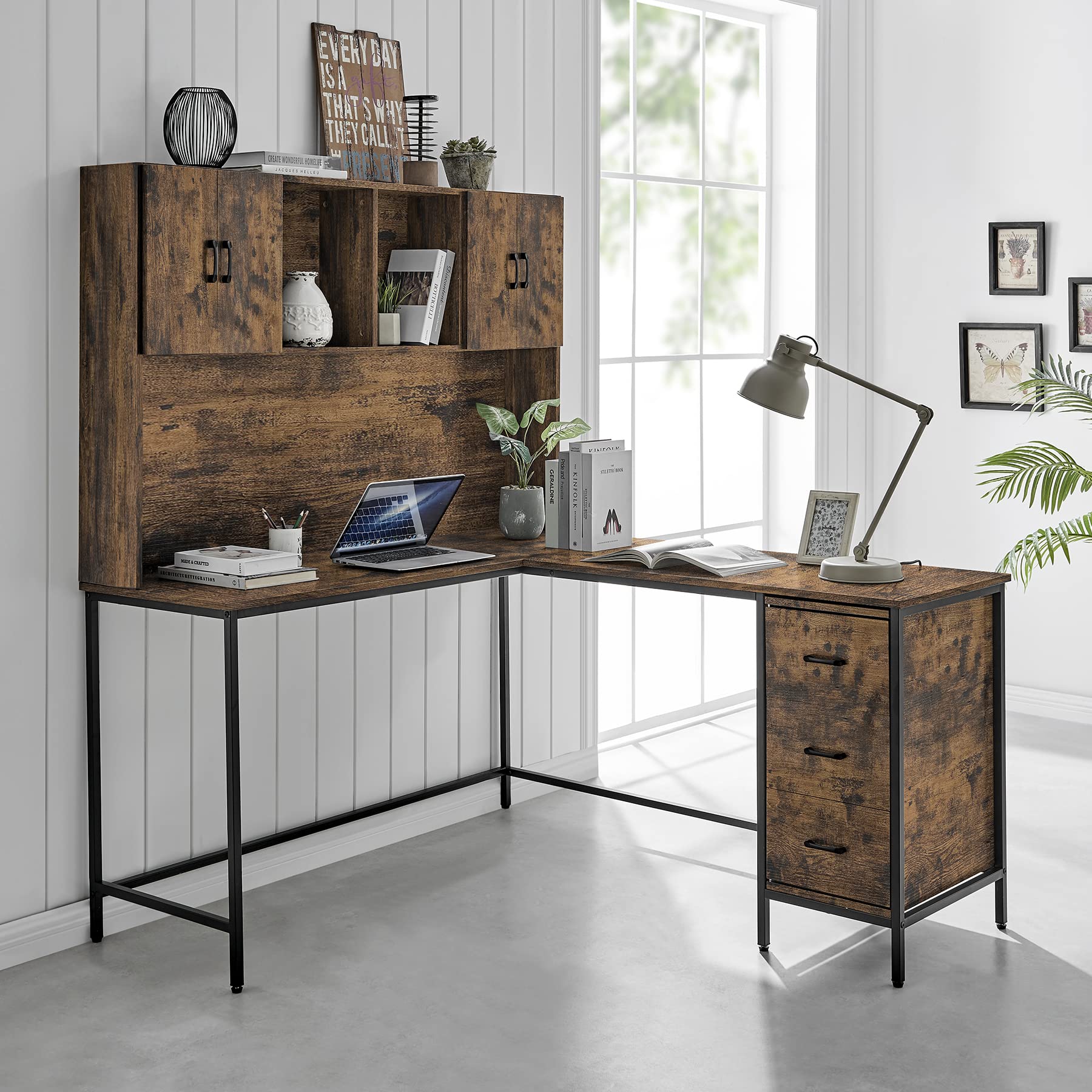 Rustic Brown L-Shaped Computer Desk with Hutch, Storage Cabinets & 3 Drawers - Home Office Workstation for Small Spaces, Gaming & Study Room Setup