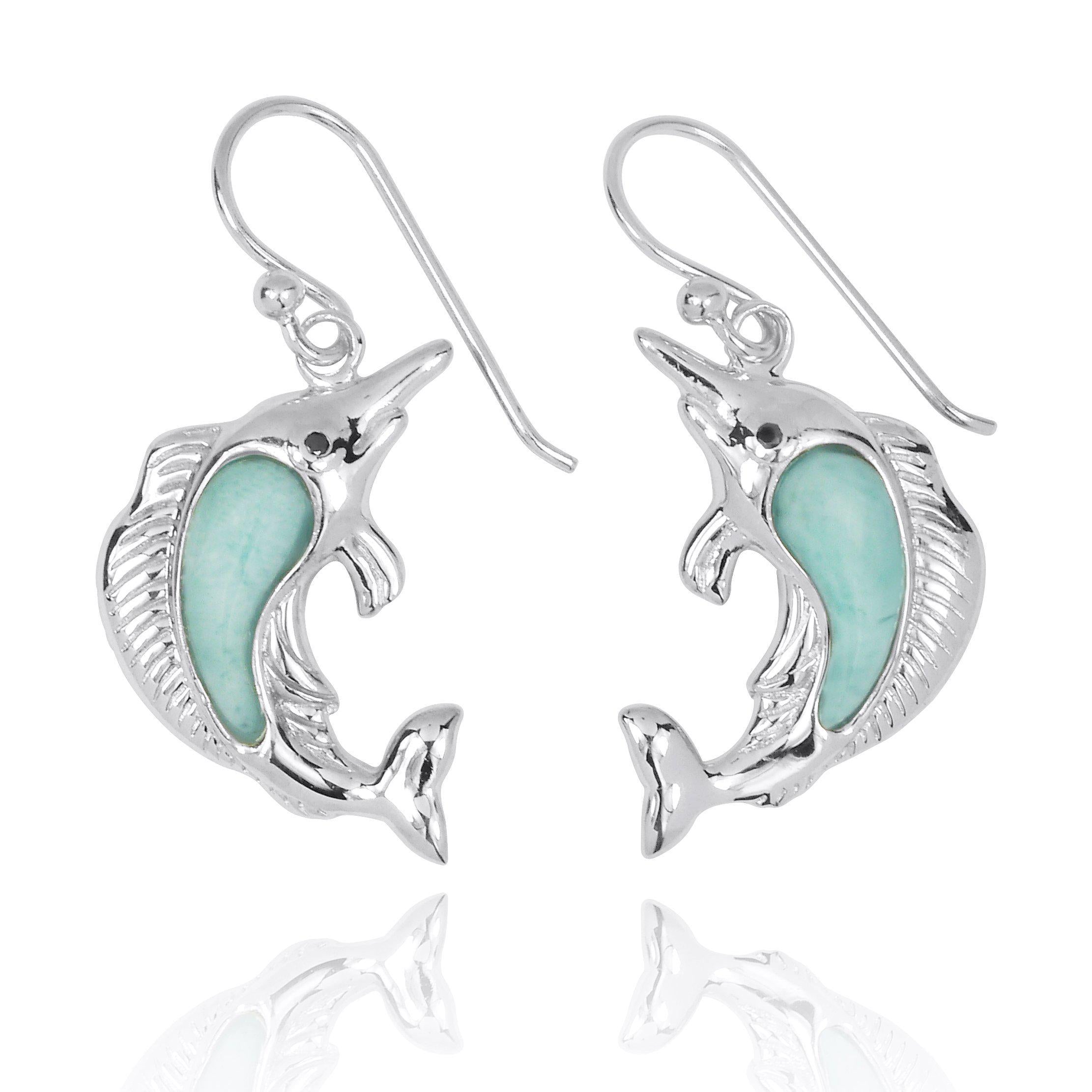 Handmade Caribbean Larimar Swordfish Earrings - Sterling Silver Dangle Jewelry for Women - Perfect for Beach Vacations & Summer Outfits