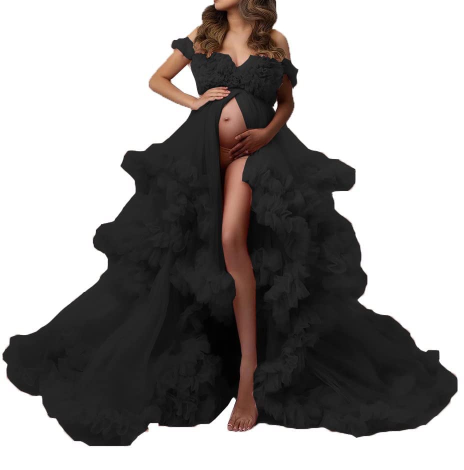 Taozhiqu Elegant Puffy Tulle Maternity Robe - Long V-Neck Sheer Nightgown & Photoshoot Gown for Pregnancy | Perfect for Maternity Photos, Baby Showers, and Relaxing at Home