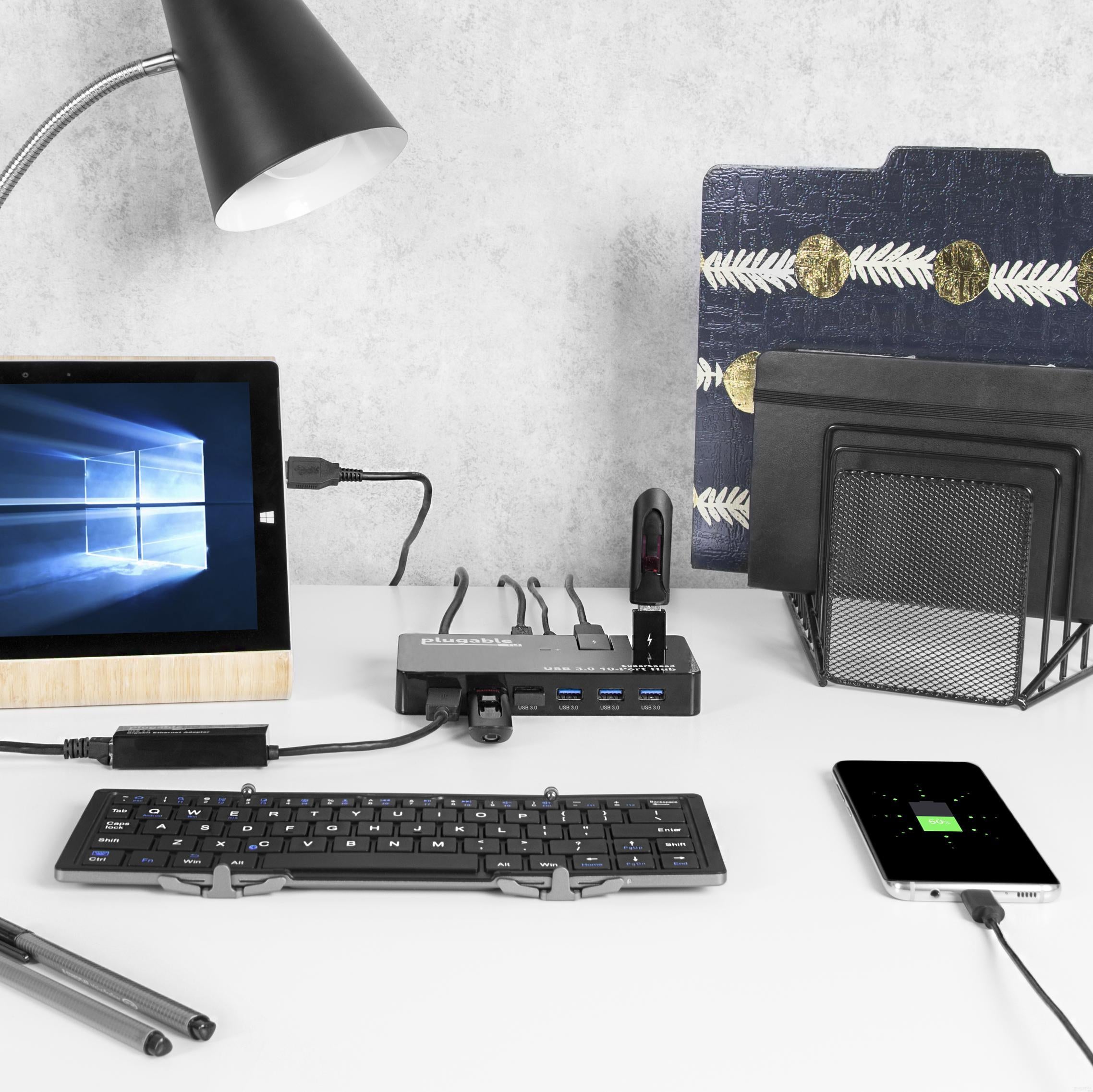 Plugable USB 3.0 10-Port Hub with 50W Power Adapter - High-Speed Data Transfer for Laptops, PCs & Workstations | Expand Connectivity for Home Office & Gaming Setup