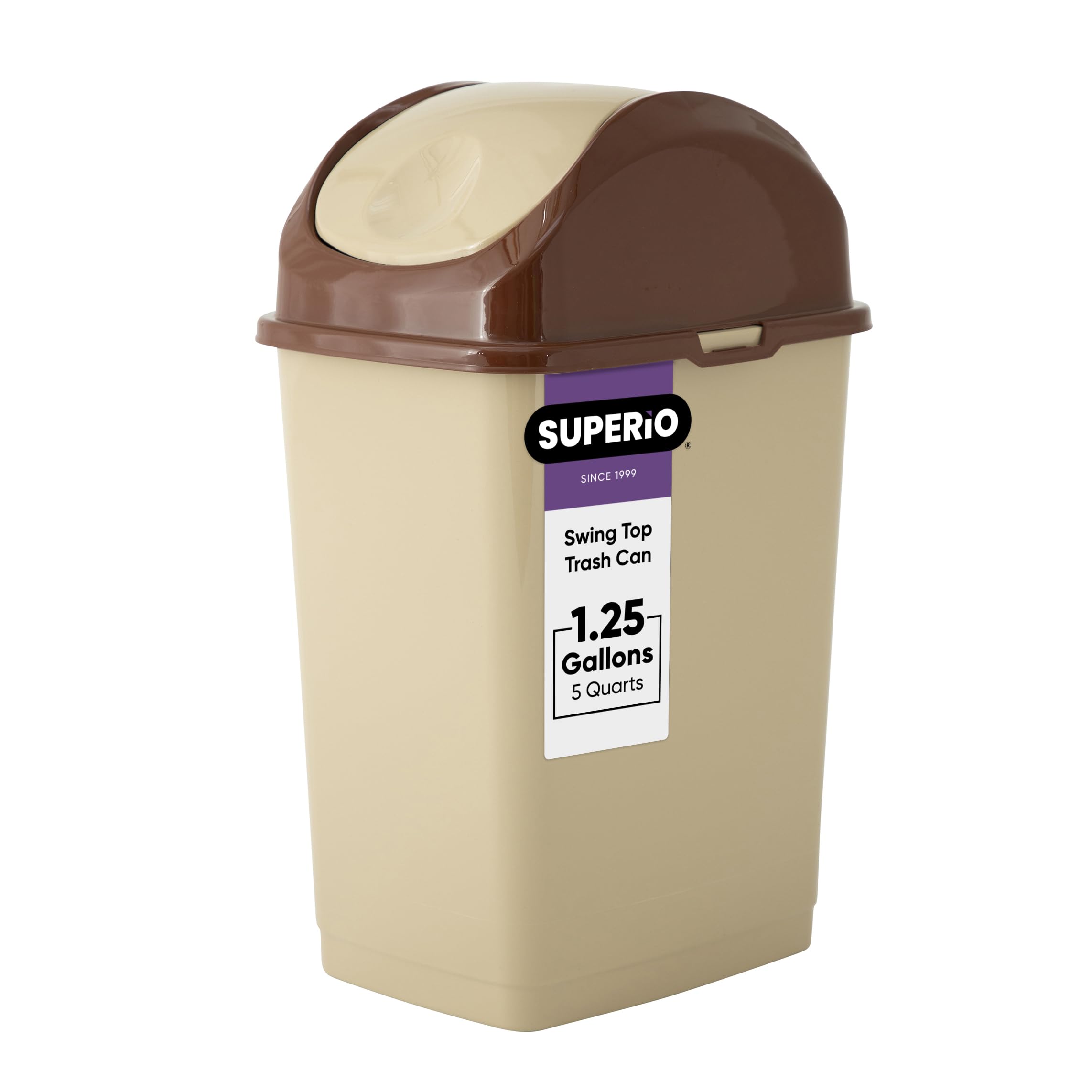 Superio 1.25 Gallon (5 Quart) Small Plastic Trash Can with Swing Lid - Mini Waste Bin for Bathroom, Office Desk, Vanity, Kitchen Countertop - Compact Garbage Can for Home & Office Use (Beige/Brown)