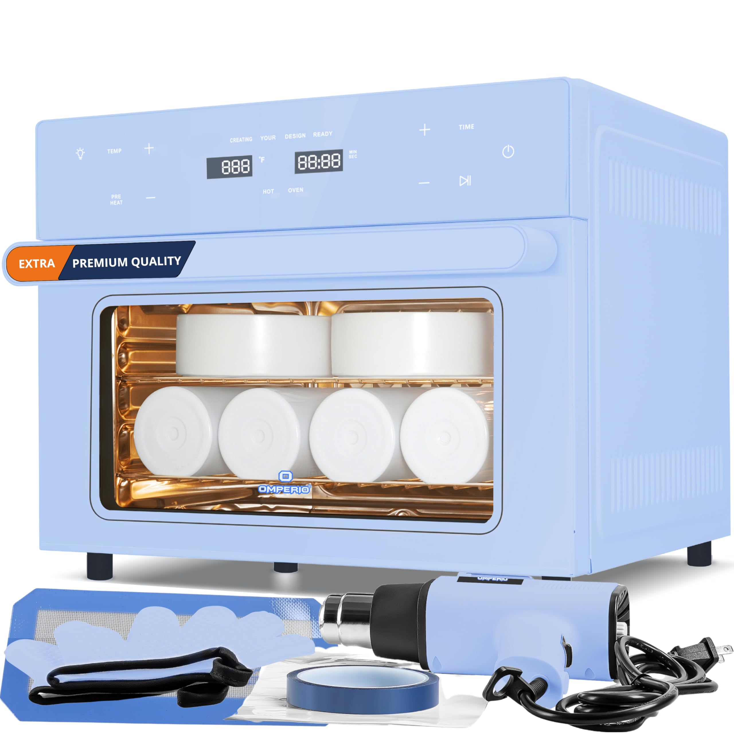 OMPERIO 32Qt 1800W Sublimation Oven Machine for Tumblers & Mugs - 110V Convection Oven with Heat Gun, Shrink Wrap, Gloves & Tape - Perfect for DIY Sublimation Crafts, Custom Drinkware & Personalized Gifts (Blue)