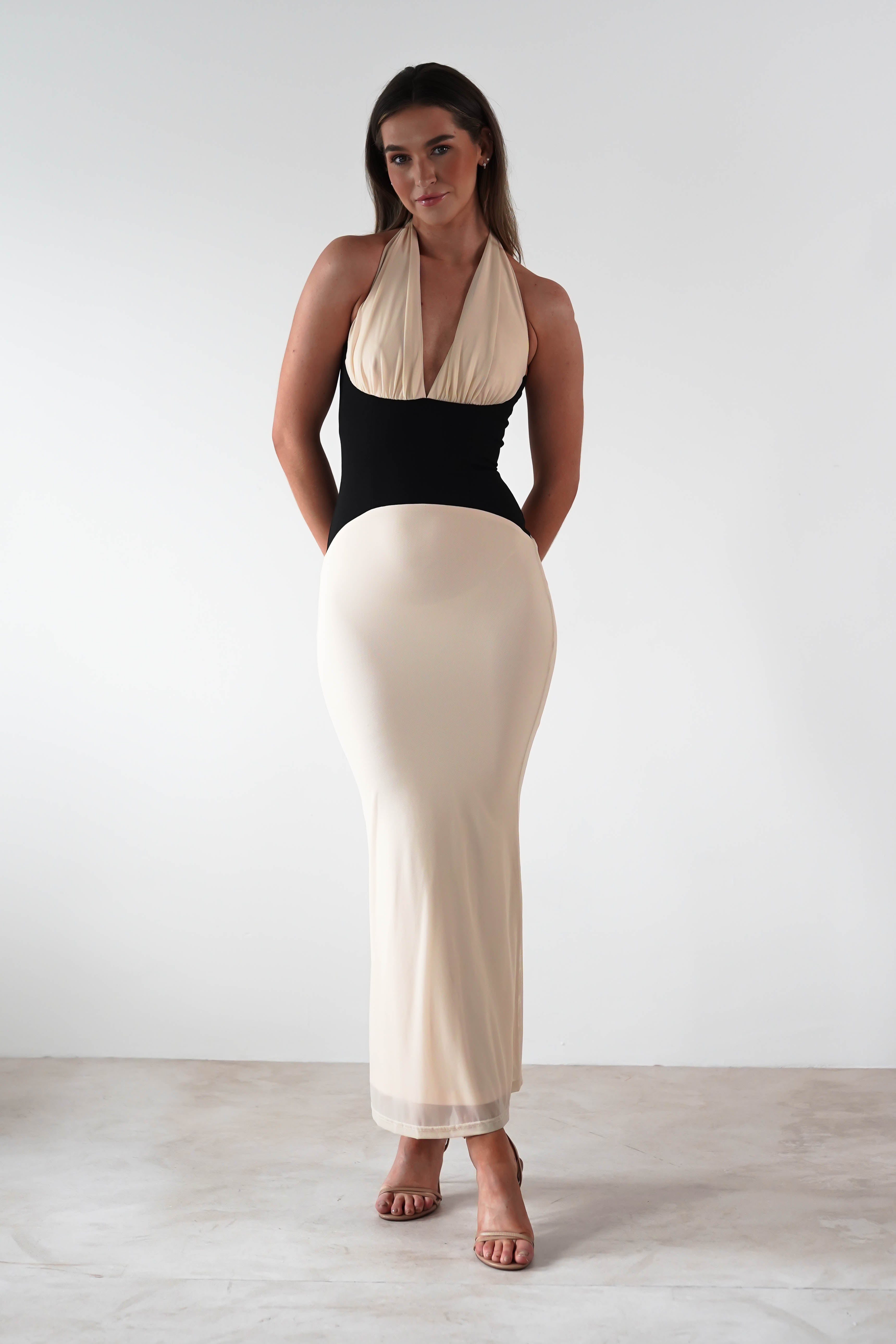 Addae Bodycon Mesh Maxi Dress for Women - Sexy Long Sleeve Slit Evening Gown in Beige & Black | Perfect for Parties, Date Nights & Special Occasions