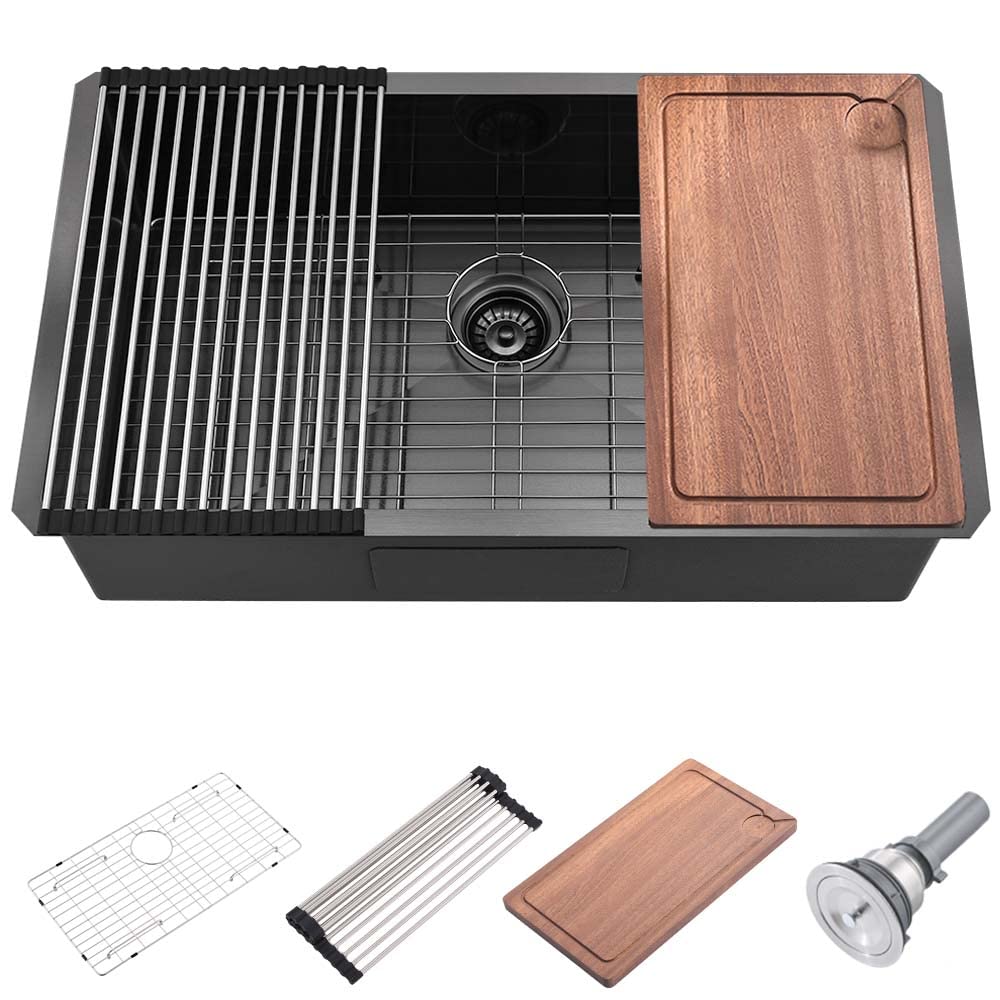 30x19 Inch Matte Black Undermount Kitchen Sink - 16 Gauge Stainless Steel Single Bowl Sink with Cutting Board | Durable & Stylish for Modern Kitchens, Perfect for Meal Prep & Dishwashing