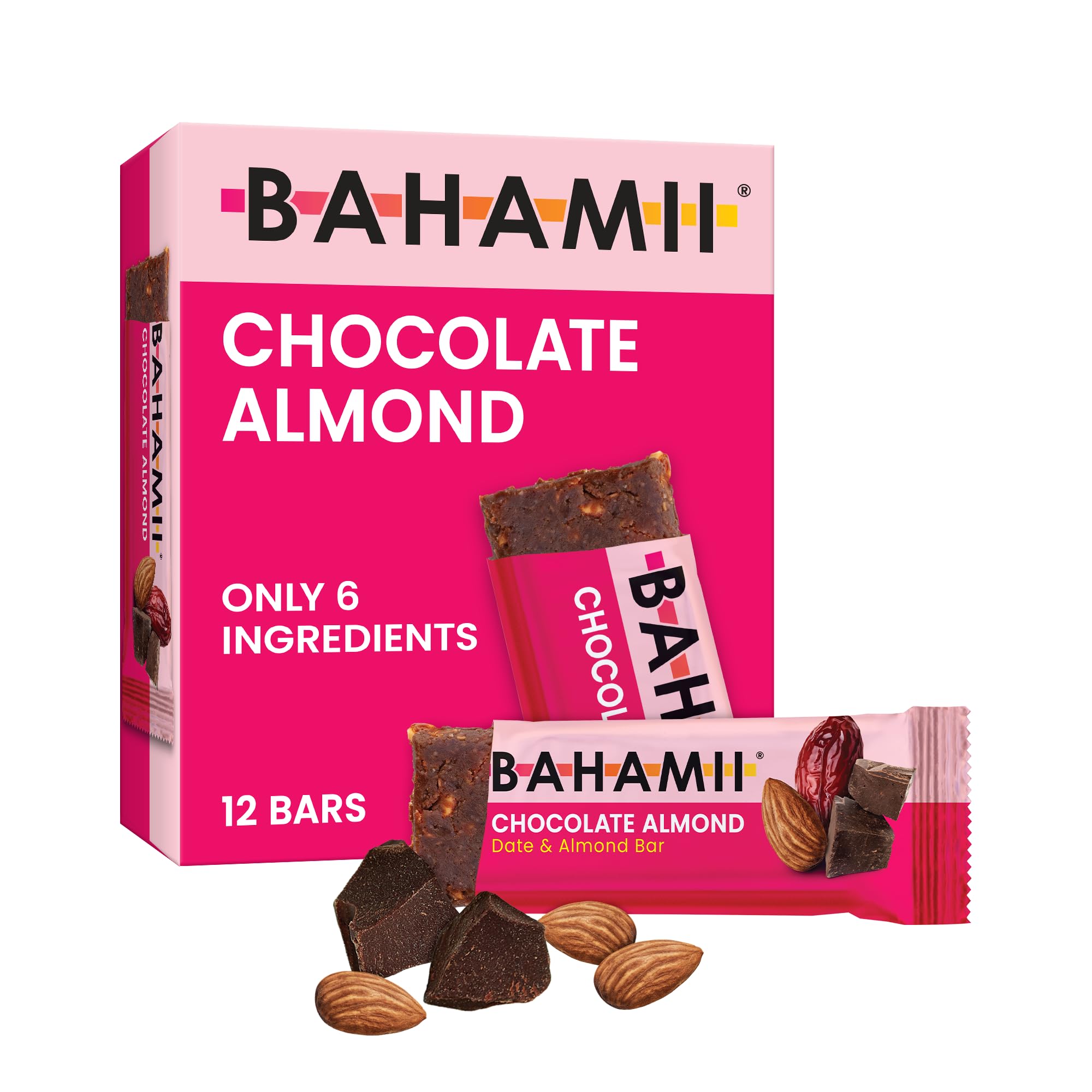 Organic Bahamii Nuts & Date Bars - Healthy Gluten Free Snacks with 0g Added Sugar | Low Calorie, No Preservatives, Plant Based, Kosher Certified | Perfect for Diabetics, On-the-Go Energy & Office Snacks (12 Pack, Chocolate Almond Flavor)