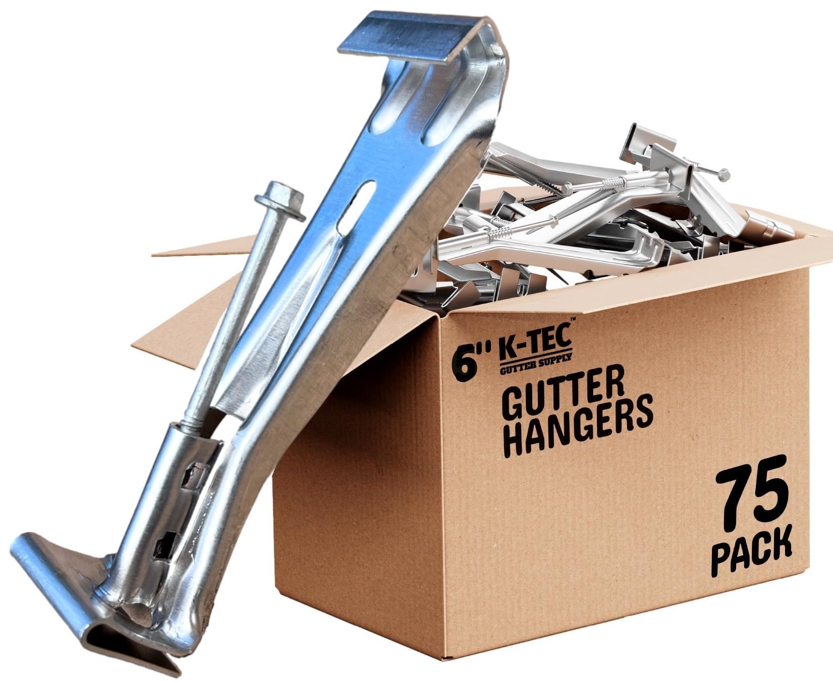 K-TEC 6 Inch Heavy Duty Gutter Hangers (75 Pack) - Hidden Rain Gutter Bracket Support Fastener with Clip for K-Style Aluminum Gutters - Perfect for Roof Drainage & Home Protection
