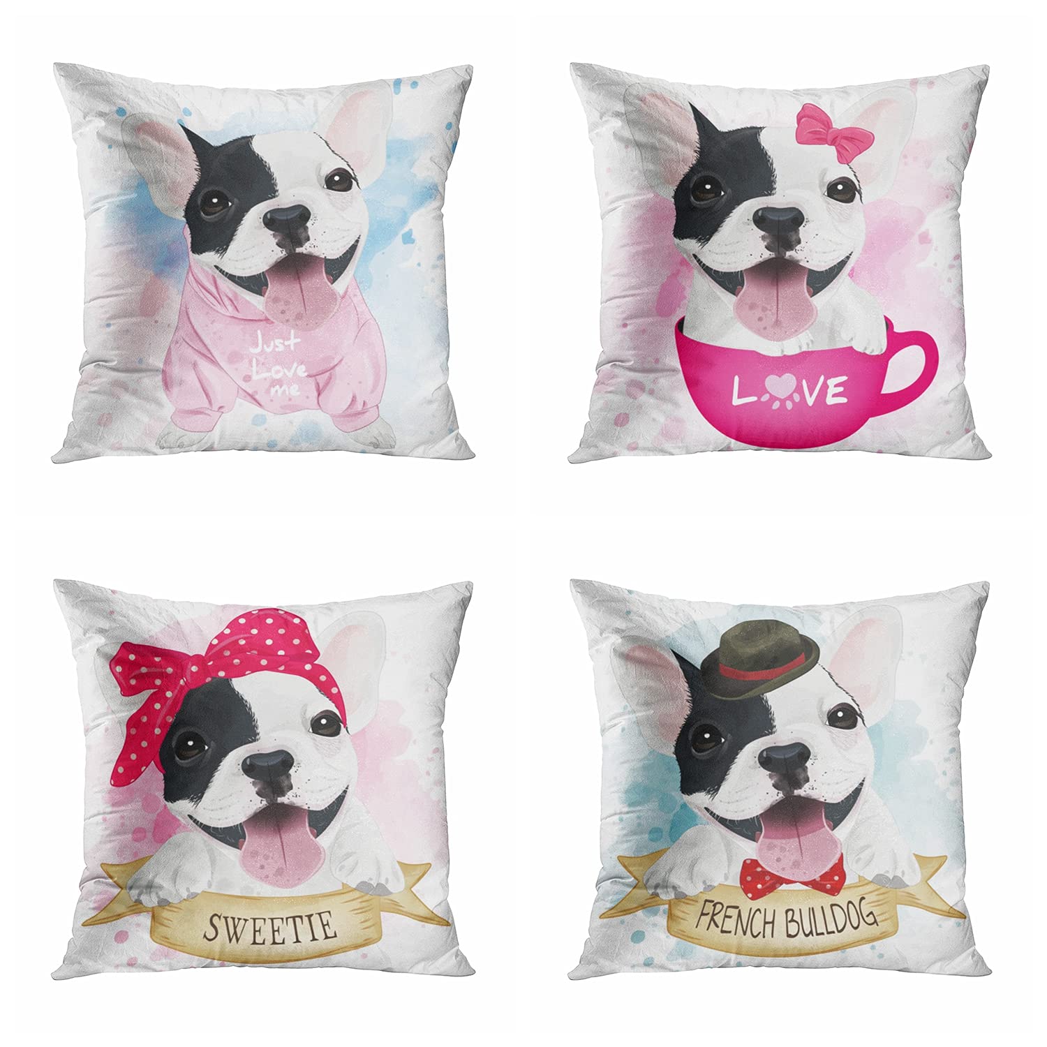 Set of 4 French Bulldog Pillow Covers 18x18 Inch - Cute Square Throw Pillow Cases for Sofa, Bed, Couch | Home Decor Accent for Living Room, Nursery & Pet Lover Gifts