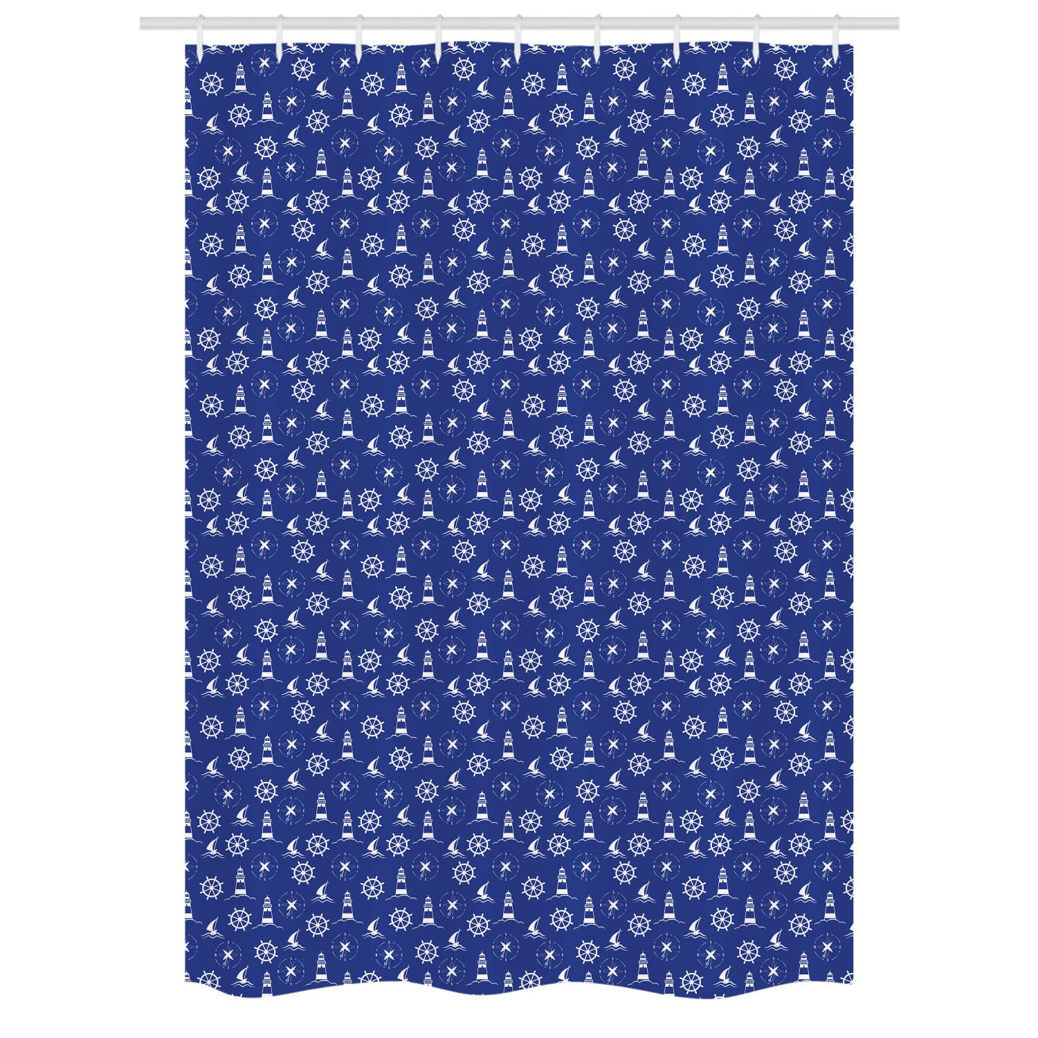 Ambesonne Nautical Shower Curtain Set - Lighthouse, Marine Silhouettes, Compass & Steering Wheel Design, 54x78 Inches, Violet Blue White - Waterproof Bathroom Decor for Coastal & Beach Theme Homes