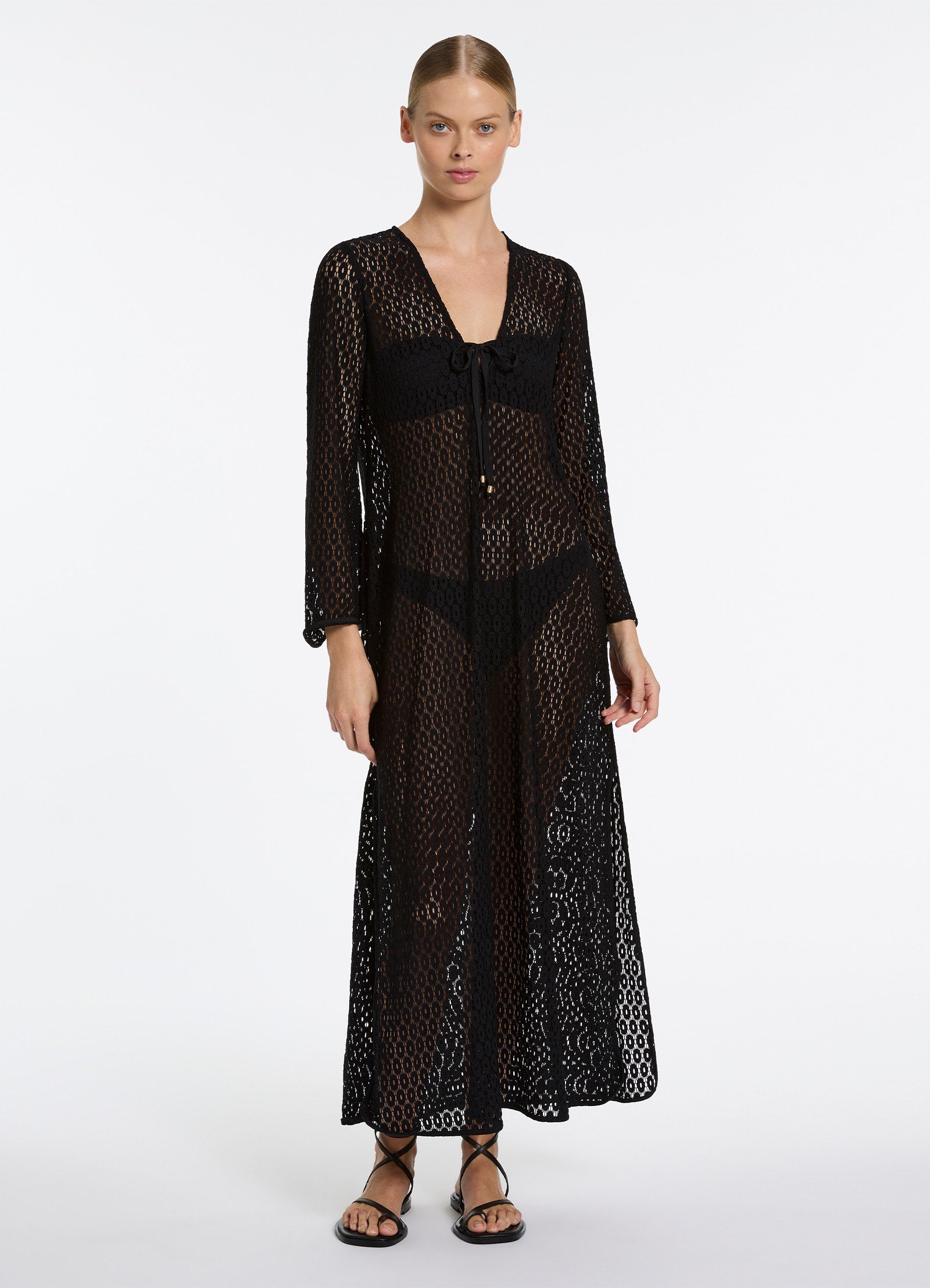 Elegant Black Stretch Lace Maxi Kaftan Dress - Flowy Long Boho Cover Up for Beach, Pool, or Summer Vacation