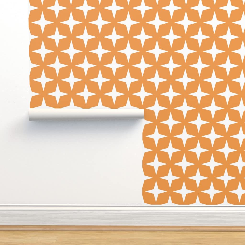 Peel & Stick Removable Wallpaper - 9ft x 2ft Orange White Geometric Midcentury Modern Star Pattern | Gender Neutral Retro Galaxy Design | Perfect for Nursery, Bedroom & Home Office Decor