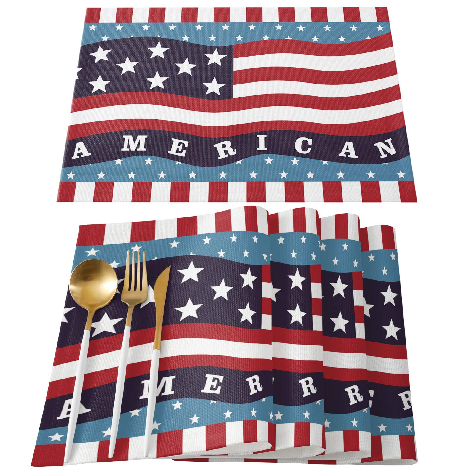6-Pack American Flag Placemats - Heat-Resistant, Non-Slip & Washable Table Mats for Kitchen, Dining & Outdoor Use - Perfect for 4th of July, Patriotic Decor & Weddings