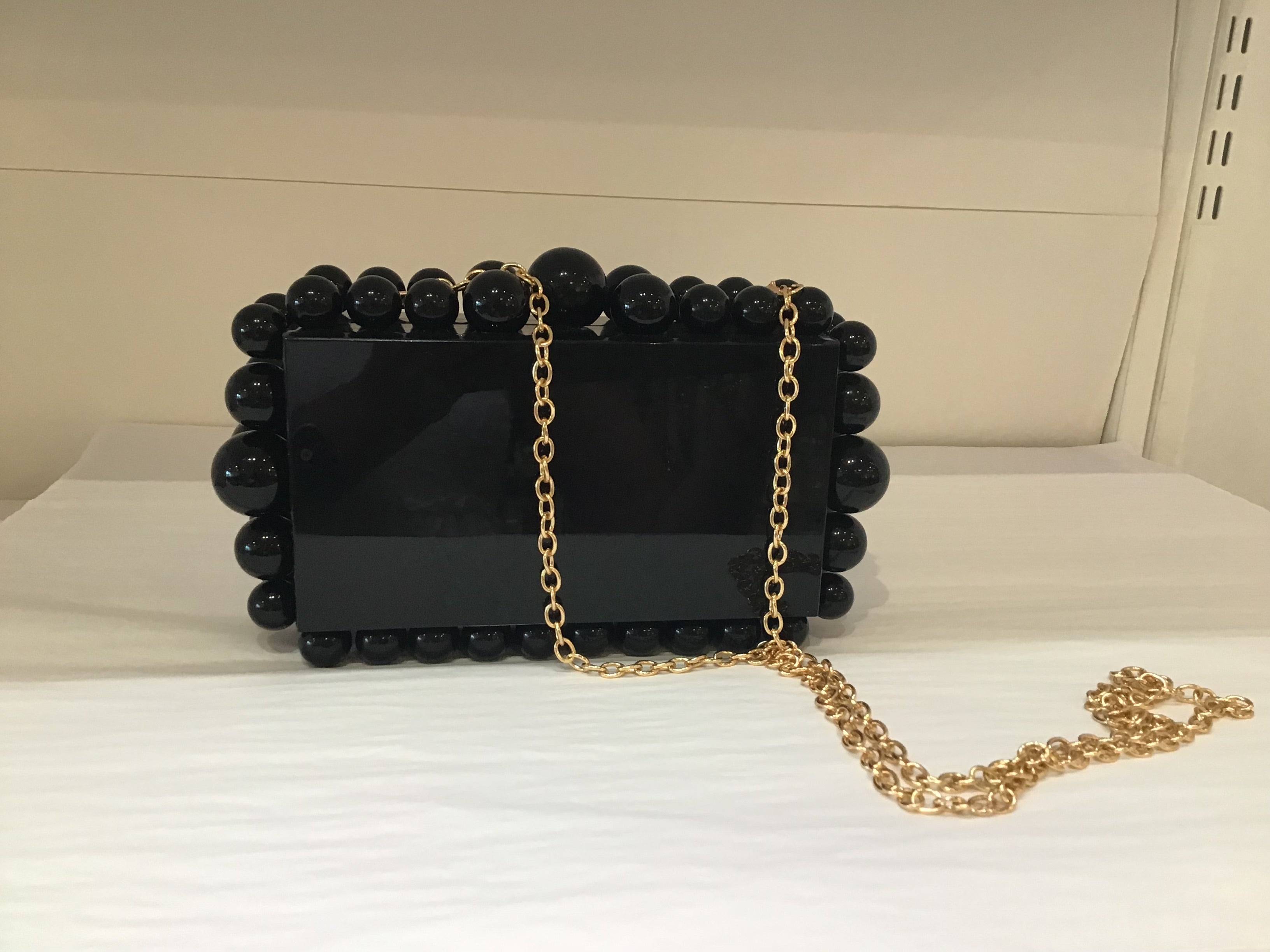 Elegant Black Resin Clutch Purse with Circle Detailing & Gold Chain - Perfect for Evening Parties, Weddings & Special Occasions