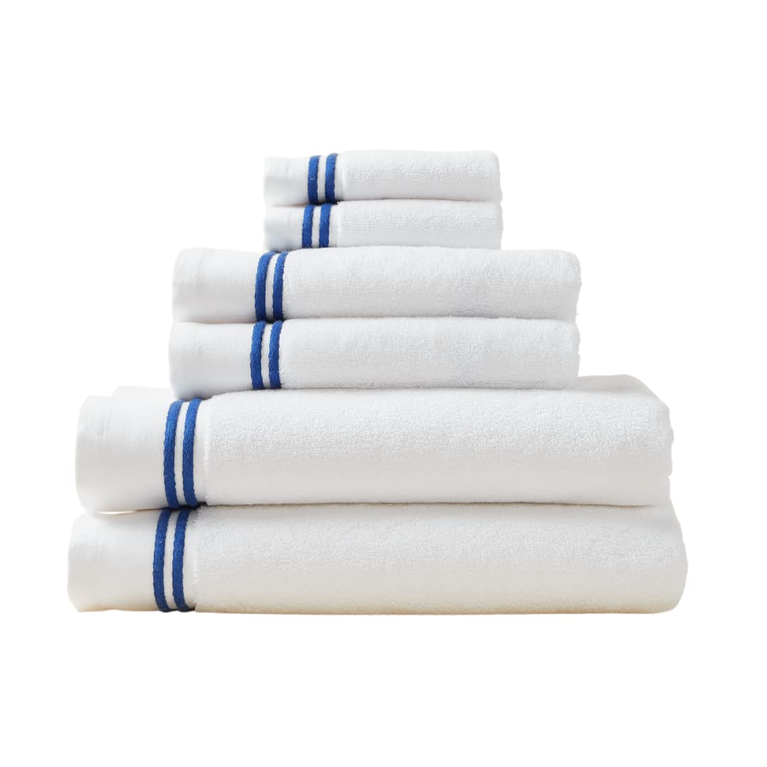 Premium 700 GSM 100% Cotton Bath Towel Set - 2 Bath Towels, Hand Towels & Washcloths - Ultra Soft, Absorbent & Durable - White with Blue Stripes - Luxury Bathroom Decor for Spa, Hotel & Home Use