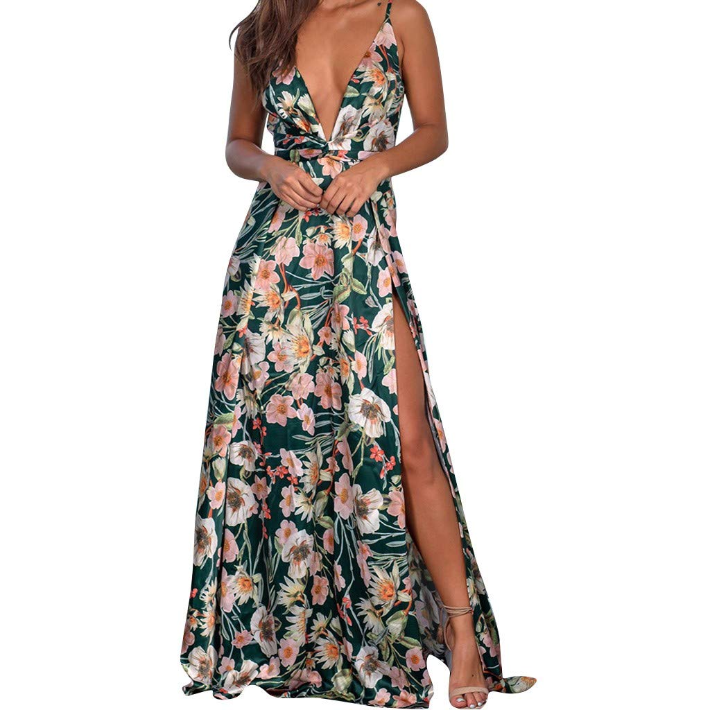 Women's Sexy V-Neck Floral Print Sleeveless Maxi Dress - Casual Summer Beach Long Dress for Vacations, Parties & Date Nights