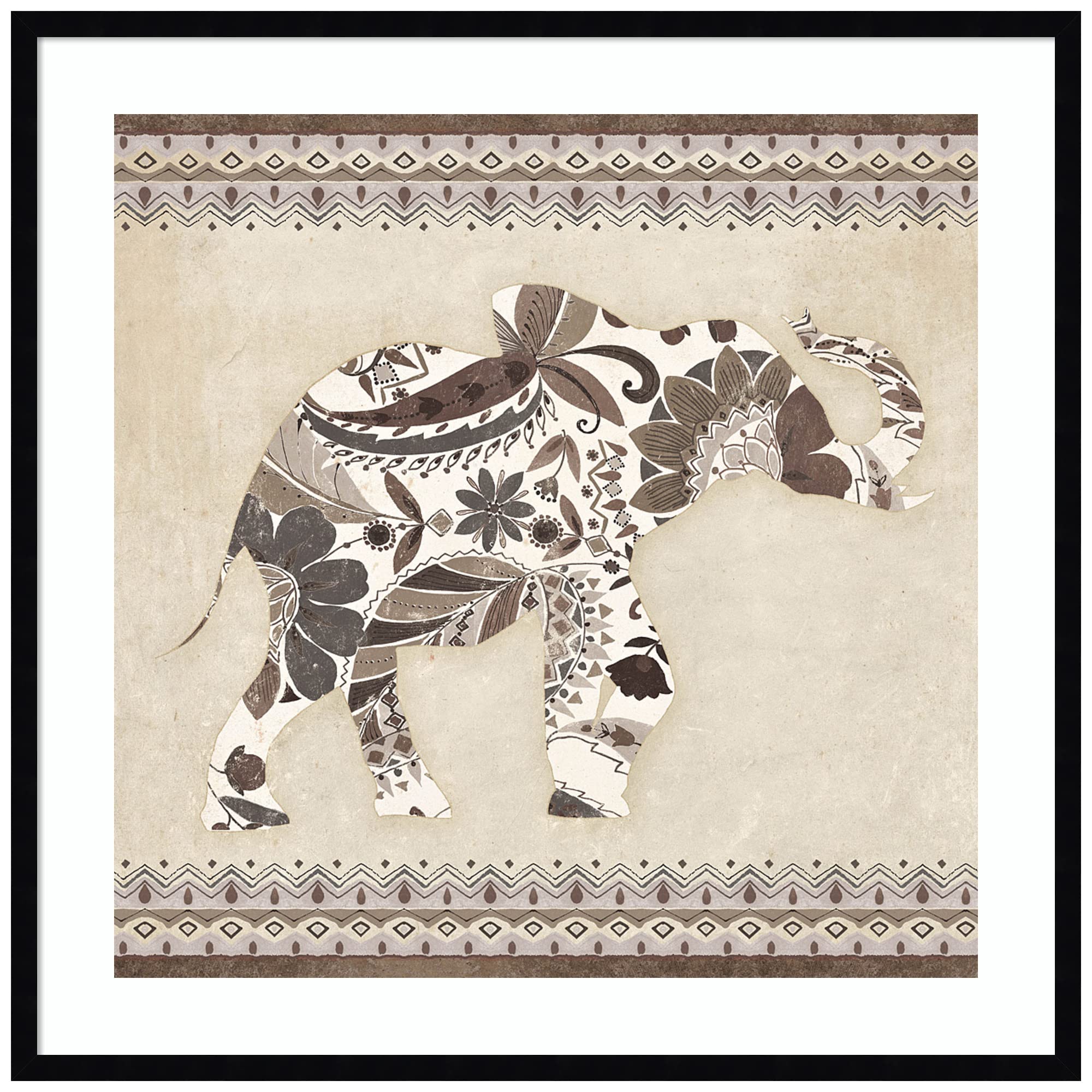 Amanti Art Framed Wall Art Print - 33x33 Inches Boho Elephant Neutral Canvas Painting by Wild Apple Portfolio | Animal Wall Decor for Living Room, Bedroom, Bathroom | Bohemian Style Home Decor | Perfect for Nursery, Office or Gift