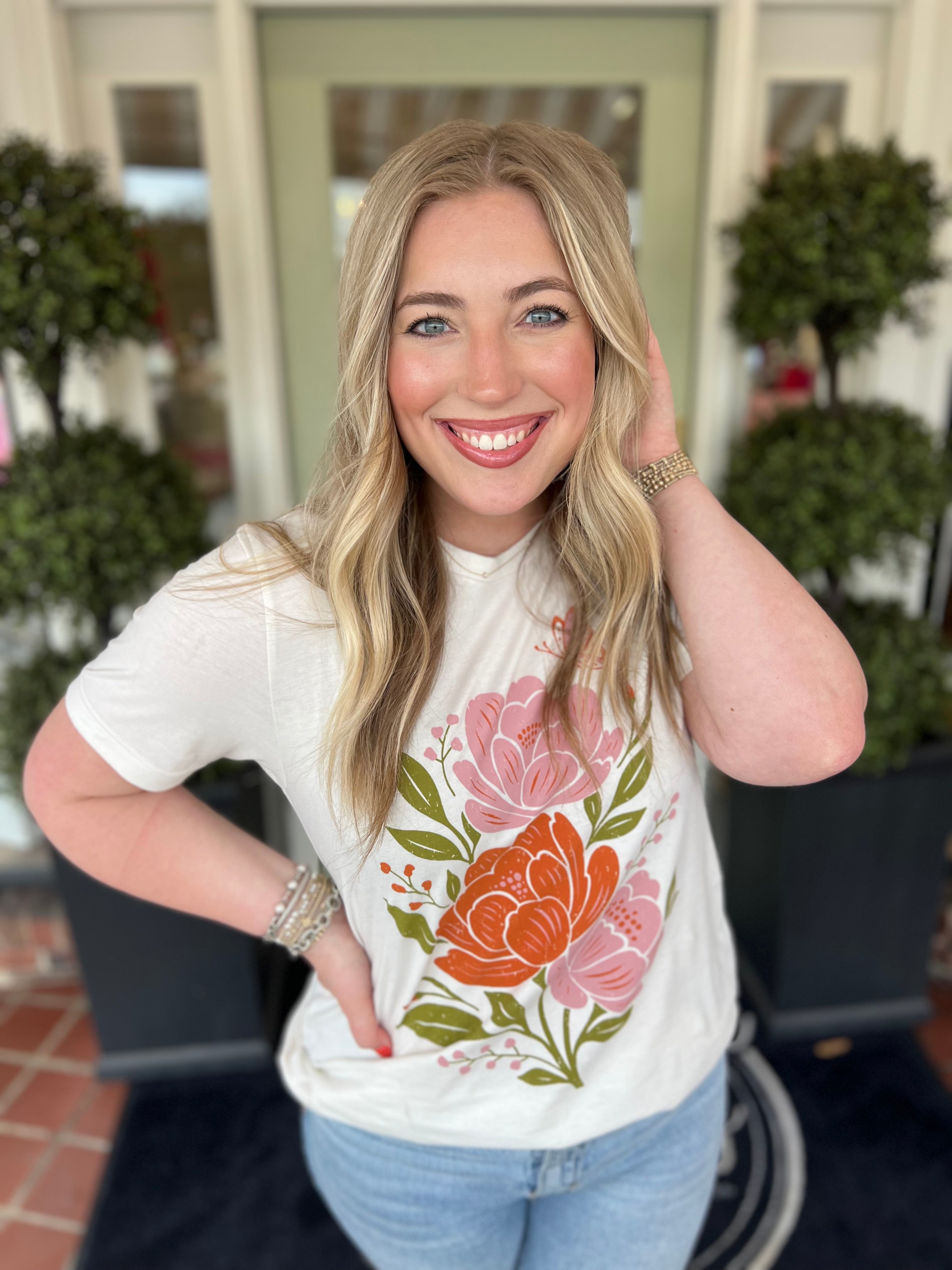 Floral Bouquet T-Shirt for Women - Soft Cotton Casual Tee with Floral Print - Perfect for Spring, Summer Outfits & Casual Wear